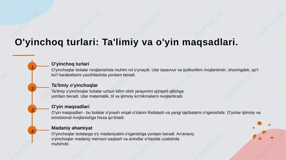ichiga oladi, bu esa xavfsizlikni ta'minlaydi. xavfsizlik talablariga javob beruvchi o'yinchoqlarni tanlash bo'yicha yo'riqnomalar 1 o'yinchoq turlarini tanlash o'yinchoqlarni tanlashda ularning turini hisobga olish muhimdir. ta'limiy, sport yoki ijodiy o'yinchoqlar bolalar rivojlanishiga turlicha ta'sir ko'rsatadi. 2 xavfsizlik standartlari o'yinchoqlar xavfsizlik standartlariga mos bo'lishi kerak. ular bolalarning sog'lig'ini himoya qilish uchun zarur bo'lgan barcha talablarni qondirishi lozim. 3 materiallar sifati o'yinchoqlar ishlab chiqarishda ishlatiladigan materiallar ekologik toza va zararsiz bo'lishi kerak. kimyoviy moddalar bo'lmasligi bolalar uchun xavfsizlikni ta'minlaydi. 4 yoshga moslik o'yinchoq tanlashda bolaning yoshi va rivojlanish bosqichini hisobga olish zarur. har bir yosh guruhiga mos o'yinchoqlar bolalar uchun eng maqbul bo'ladi. ta'limiy o'yinchoqlar: bolalar taraqqiyotidagi roli. 1 ta'limiy o'yinchoqlar - ta'limiy o'yinchoqlar bolalar uchun o'ynash bilan birga, o'ziga xos ko'nikmalarni rivojlantirishga yordam beradi, masalan, muhandislik, hisoblash va ijodkorlik. 2 rivojlanish jarayoni - ushbu o'yinchoqlar bolalarning kognitiv va hissiy rivojlanishida muhim rol o'ynaydi, ularni muammolarni hal qilish va mantiqiy fikrlashga o'rgatadi. …