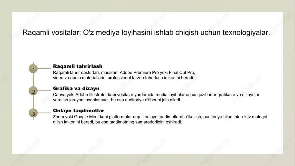 tsiya asoslari. 1 tushunish va e'tibor - taqdimot jarayonida auditoriya tushunishi va e'tiborini jalb qilish muhimdir. mavzuni aniq va sodda ifodalash kerak. 2 yozma va og'zaki - taqdimotda yozma va og'zaki kommunikatsiya o'zaro bog'liq. yozma materiallar auditoriya uchun qo'llanma, og'zaki esa muhokama va izohlar kiritish imkonini beradi. 3 vizual materiallar - vizual materiallar taqdimotni jonlantiradi. grafikalar, diagrammalar va videolar auditoriyaning qiziqishini oshirib, tushunishni yaxshilaydi. 4 muloqot strategiyalari - samarali muloqot strategiyalari auditoriya bilan aloqani kuchaytiradi. savollar berish, fikr almashish va muhokama qilish jarayonini qo'llab-quvvatlash muhimdir. o'z mediya loyihasida auditoriya bilan muloqot strategiyalari. 1 auditoriya tahlili auditoriya tahlili orqali muayyan guruhning ehtiyojlari va qiziqishlarini aniqlash, media loyihalarining muvaffaqiyatini oshiradi va muloqot strategiyalarini shakllantiradi. 2 muloqot usullari turli muloqot usullari, masalan, so'rovlar, intervyular va ijtimoiy tarmoqlar, auditoriya bilan samarali aloqa o'rnatish uchun juda muhimdir. 3 feedback mexanizmlari auditoriyadan olingan fikr-mulohazalar, media loyihalarini rivojlantirishda muhim rol o'ynaydi, chunki ular kelajakdagi takliflar va yaxshilanishlarni …