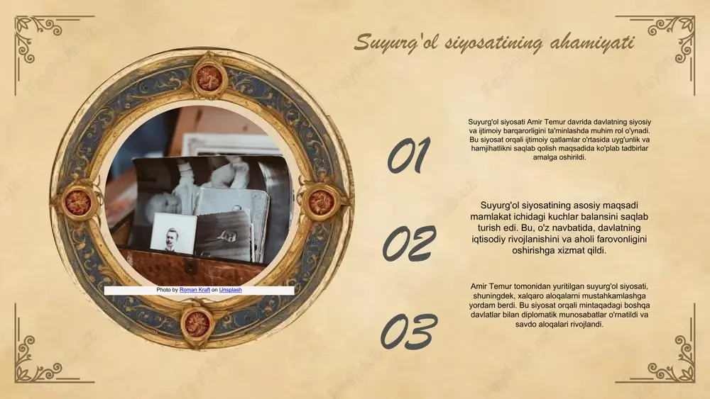 gi ta'siri suyurg'ol siyosati bugungi kunda siyosiy barqarorlik va iqtisodiy rivojlanish uchun muhimdir. asosiy jabhalar siyosiy jabhalarda xalqaro munosabatlarni mustahkamlash va resurslardan samarali foydalanish strategiyalari mavjud. zamonaviy misollar o'zbekistonda iqtisodiy islohotlar va ijtimoiy dasturlarni amalga oshirishda amir temur merosidan foydalanilmoqda. 01 02 03 zamonaviy siyosat va suyurg'ol siyosati suyurg'ol siyosatining zamonaviy siyosatga ta'siri muhimdir. ular o'rtasidagi o'zaro aloqalar tarixiy jarayonlar va madaniy an'analar orqali shakllanadi. zamonaviy siyosatda suyurg'ol siyosatining tamoyillari, masalan, adolat va ijtimoiy barqarorlik, o'z o'rnini topadi. biroq, ularning farqlari ham mavjud: zamonaviy siyosat ko'proq global muammolarni hal etishga qaratilgan, suyurg'ol siyosati esa mahalliy ijtimoiy strukturalarni mustahkamlashda ko'proq e'tibor beradi. ijtimoiy va madaniy kontekstda, suyurg'ol siyosati zamonaviy siyosatga ta'sir ko'rsatib, milliy identitetni rivojlantirishda muhim rol o'ynaydi. photo by andrew neel on unsplash suyurg'ol siyosatining iqtisodiy ta'siri suyurg'ol siyosati iqtisodiy o'zgarishlarga muhim ta'sir ko'rsatdi. bu siyosat zamonaviy iqtisodiy tizimning shakllanishida asosiy rol o'ynagan bo'lib, iqtisodiy barqarorlik va rivojlanish uchun zarur …