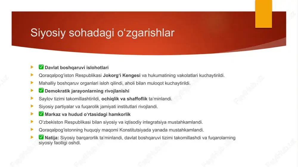 lash dasturlari yaratildi. yoshlar markazlari tashkil etilib, ularning faoliyatini qo‘llab-quvvatlash uchun turli tadbirlar o‘tkazildi. ✅ sport sohasidagi rivojlanish sport inshootlari qurilib, yoshlarni sportga jalb qilish uchun sharoitlar yaratildi. milliy va xalqaro musobaqalar tashkil etilib, sportchilar xalqaro maydonlarda muvaffaqiyatlarga erishdi. ✅ natija: yoshlar uchun yangi imkoniyatlar yaratildi, sportning ommaviyligi oshdi va yoshlarning salomatligi yaxshilandi. axborot texnologiyalari va raqamli iqtisodiyot ✅ axborot texnologiyalari rivoji internet va raqamli aloqa tarmoqlari kengaytirildi, aholi va biznes uchun yangi texnologiyalar joriy etildi. onlayn ta’lim va elektron tijorat tizimlari rivojlandi, raqamli infratuzilma mustahkamlandi. ✅ raqamli iqtisodiyot raqamli xizmatlar va startaplar sohasida yangi imkoniyatlar yaratildi, iqtisodiyotda raqamli transformatsiya boshlandi. moliyaviy texnologiyalar (fintech) va raqamli to‘lov tizimlari keng tarqaldi. ✅ natija: axborot texnologiyalarining joriy etilishi iqtisodiy o‘sishga turtki berdi va raqamli iqtisodiyotning salohiyati oshdi. tashqi aloqalar va xalqaro hamkorlik ✅ xalqaro hamkorlik qoraqalpog‘iston o‘zbekistonning tashqi siyosatida faol ishtirok etib, turli xalqaro tashkilotlar bilan hamkorlikni mustahkamladi. savdo-iqtisodiy va madaniy aloqalar …