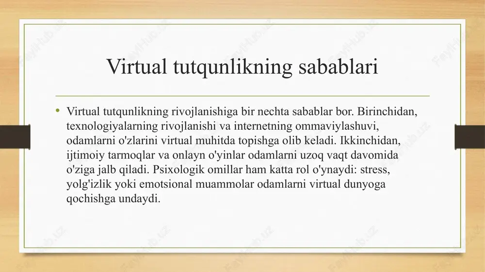 iradi va ular o'zlarining qaramliklarini yengishga qaror qilishlariga yordam beradi. muvaffaqiyatni o'lchash virtual tutqunlikni yengish jarayonida muvaffaqiyatni o'lchash uchun bir nechta mezonlar mavjud. birinchidan, o'z-o'zini nazorat qilish muhimdir. odamlar internetdan foydalanish vaqtini cheklab, o'z vaqtini boshqarishni o'rganishlari kerak. ikkinchidan, salomatlik va farovonlikni o'lchash muhim. agar odam psixologik va jismoniy holatini yaxshilagan bo'lsa, demak, u muvaffaqiyatga erishgan. o'z vaqtini boshqarish va stressni kamaytirish muvaffaqiyatni o'lchashning asosiy ko'rsatkichlaridan biridir. kelajakda texnologiyalarga nisbatan mas'uliyatli yondashuv kelajakda texnologiyalarga nisbatan mas'uliyatli yondashuv muhimdir. insonlar texnologiyalarni oqilona ishlatishlari, o'z salomatliklari va ijtimoiy hayotlarini saqlashlari lozim. texnologiyalar jadal rivojlanishda davom etadi, shuning uchun ular bizga foydali bo'lishi uchun mas'uliyatli yondashuvni qo'llash kerak. texnologiya ishlab chiqaruvchilari ham o'z mahsulotlarini foydalanuvchilarga salbiy ta'sir ko'rsatmasligi uchun mas'uliyatli yaratishlari zarur. jamiyatda texnologiyalarni tartibga solish va mas'uliyatli foydalanishni targ'ib qilish kerak. xulosa virtual tutqunlik — bu jiddiy va keng tarqalgan muammo, lekin unga qarshi kurashish uchun samarali usullar mavjud. internetdan va texnologiyalardan …