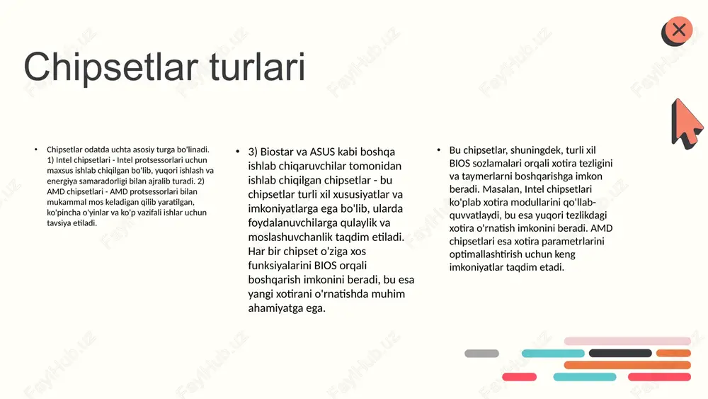 o'lib, ularning to'g'ri ishlashi uchun uzluksiz aloqada bo'lishi zarur. - tezlik va kechikishlar, modullar va chipset o'rtasidagi aloqada muhim rol o'ynaydi. biosda xotira xatolarini aniqlash xotira xatolarini aniqlash bios orqali amalga oshiriladi. xotira xatolarining belgilariga quyidagilar kiradi: - kompyuterning doimiy qayta yoqilishi. - xotira testlari natijalarining noto'g'ri yoki yaroqsiz bo'lishi. - ovozli signal yoki led yoritgichlar orqali xatolarni ko'rsatish. - operatsion tizimning yuklanmasligi yoki xatolik xabarlari. xatolarni bartaraf etish uchun takliflar: - xotira modulini qayta joylashtirish yoki almashtirish. - bios o'rnatmalarini yangilash va to'g'ri sozlash. - xotira birliklarini tekshirish va ularni mos keladigan formatda ishlatish. photo by goran ivos on unsplash foydali maslahatlar va tavsiyalar xotira yangilash bo'yicha tavsiyalar: - xotirangizni yangilashdan oldin, uning turini va maksimal qo'llab-quvvatlanadigan hajmini aniqlang. bu sizning ona plataniz bilan mos kelishini ta'minlaydi. - xotira modullarini bir xil tezlik va brendda tanlang. bu har bir modulenning bir-biriga mos ishlashini ta'minlaydi. - bios parametrlarini ko'rib chiqing …