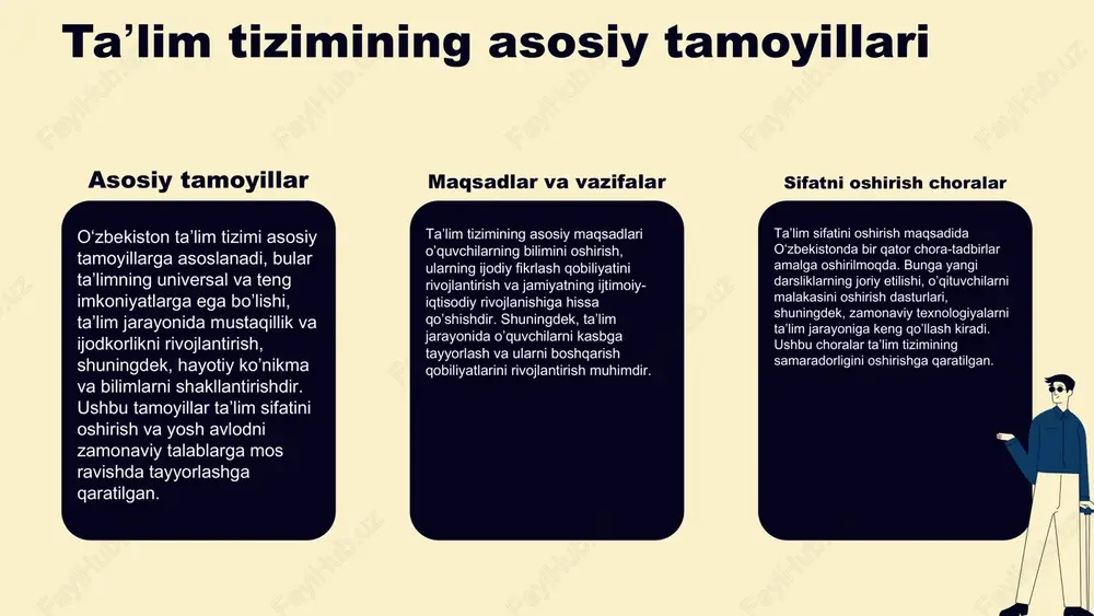 shuningdek, o‘quvchilarni tanqidiy fikrlashga va ijodkorlikka o‘rgatish muhim ahamiyat kasb etadi. innovatsiyalar va tendensiyalar dunyo taʼlim tizimlarida steam (ilm-fan, texnologiya, muhandislik, sanʼat va matematika) taʼlimi tobora keng tarqalmoqda. oʻzbekistonda ham bu yoʻnalishdagi taʼlim dasturlarini joriy etish orqali yosh avlodni zamonaviy kasblarga tayyorlash va ularning ijodiy qobiliyatlarini rivojlantirish maqsad qilingan. o‘zbekiston taʼlim tizimining kelajagi kelajakdagi taʼlim strategiyalari o‘zbekiston taʼlim tizimidagi asosiy strategiyalar quyidagilarni o‘z ichiga oladi: 1. **taʼlim sifatini oshirish:** bu strategiyaning maqsadi taʼlimning sifatini xalqaro standartlarga moslashtirishdir. bu jarayon o‘qituvchi va o‘quvchilarni yangi metodologiyalar bilan ta’minlashni, shuningdek, taʼlim muassasalarining infratuzilmasini modernizatsiya qilishni o‘z ichiga oladi. 2. **innovatsion texnologiyalarni joriy etish:** o‘zbekiston taʼlim tizimida innovatsion texnologiyalarni qo‘llash orqali taʼlim jarayonini yanada samarali qilish maqsad qilingan. bunga onlayn taʼlim platformalarini rivojlantirish va raqamli resurslardan foydalanishni kengaytirish kiradi. 3. **xalqaro hamkorlik:** taʼlim tizimida xalqaro standartlarga erishish uchun o‘zbekiston turli davlatlar bilan hamkorlikni kuchaytiradi. bu o‘z ichiga o‘quv dasturlarini xalqaro darajada tan olish va …