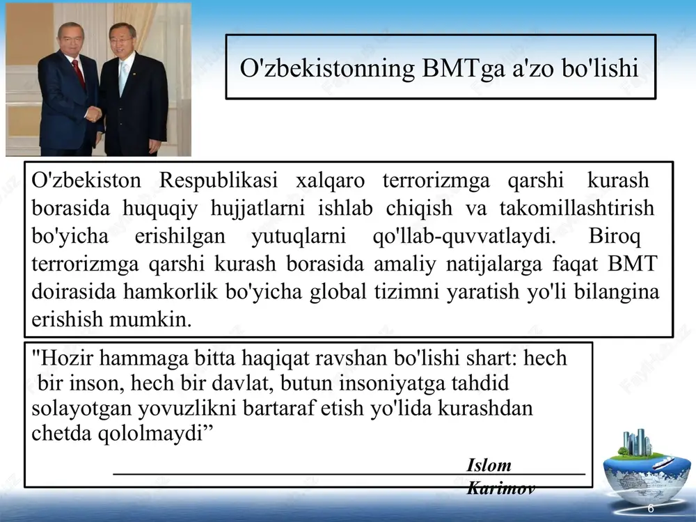 tning asosiy sudlov organi. 1945 yilda tashkil topgan. davlatlar oʻrtasidagi yuridik nizolarni ularning roziligi bilan hal qiladi va huquqiy masalalar boʻyicha tavsiyaviy xulosalar beradi. 15 nafar sudyalardan iborat, ular bmt bosh assambleyasi va xavfsizlik kengashi tomonidan 9 yilga saylanadi. bmt ustavining ajralmas qismi hisoblanadigan statut asosida ish olib boradi. xalqaro sudi gaaga shahrida joylashgan o'zbekistonning yunesko bilan hamkorlik aloqalari "biz yunesko timsolida eng muhim insonparvarlik masalalarining echimiga ijodiy yondashishda harakatlantiruvchi kuch bo'lib xizmat qiladigan o'ziga xos betakror tashkilotni ko'ramiz” islom karimov 16 o'zbekiston 1993 yil 26 oktabrda yunesko bilan diplomatik aloqalar o'rnatdi va shu kunga qadar uning tadbirlarida faol ishtirok etib kelmoqda. 1995 yil yuneskoning "ipak yo'li – muloqot yo'li" dasturi doirasida samarqandda mintaqamiz tsivilizasiyalari tarixini o'rganadigan markaziy osiyo tadqiqotlari instituti ochildi. o'zbekistonning yunesko bilan hamkorlik aloqalari o'zbekistonning xalqaro aloqalardan, shu jumladan, yunesko bilan do'stona hamkorlikdan asosiy maqsadi – mamlakatimizni, boy tariximizni, xalqimizni ma'naviy yuksakligini va eng muhimi, mustaqil tashqi …