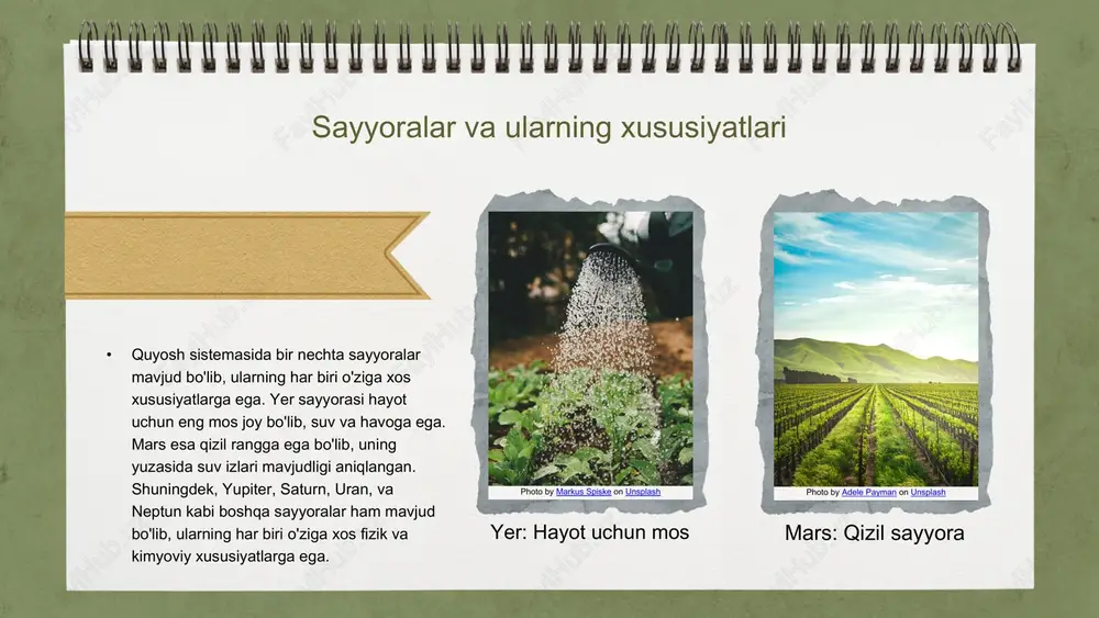 yo'nalishlarda aylanadi. sayyoralarga quyoshdan tortishish kuchi ta'sir qiladi, bu esa ularning harakatini belgilaydi. - sayyoralar: quyosh tizimida sakkizta sayyora mavjud, ulardan eng yaqinlari merkuriy, venera, yer va marsdir. ular yerga nisbatan ichki sayyoralar sifatida tanilgan. tashqi sayyoralar esa yupiter, saturn, uran va neptun bo'lib, ular gaz gigantlari hisoblanadi. - asteroidlar: asteroidlar, asosan, mars va yupiter o'rtasida joylashgan asteroid belbog'ida topiladi. ular turli o'lcham va shaklga ega bo'lishi mumkin. - kometalar: kometalar, asosan, uzoq masofalardan kelib, quyosh atrofida aylanadi va ular o'zlarining yirik, gaz va changdan iborat quyosh bilan ta'sirda porlaydigan quyosh quyoshiga ega. quyoshdan sayyoralar orasidagi masofalar juda katta. masalan, yer va quyosh orasidagi masofa taxminan 149.6 million kilometrni tashkil qiladi. sayyoralarning tasnifi yerga o'xshash sayyoralar: yer, mars, venus. ular qattiq yuzaga ega va suv, atmosfera mavjud. gaz gigantlari: yupiter, saturn. ular katta hajmga ega, gazdan iborat va qattiq yuzasi yo'q. sayyoralarning tasnifi ikki guruhga bo'linadi: yerga o'xshash sayyoralar va …