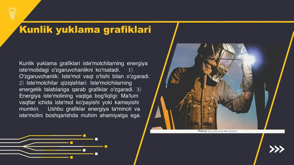 kamaytirish va samaradorlikni oshirishga yordam beradi. sanoat korxonalarida elektr yuklama monitoringining maqsadi energiya samaradorligini oshirish, energiya xarajatlarini kamaytirish va ishlab chiqarish jarayonlarini optimallashtirishdir. monitoring tizimi yordamida yuklamalar real vaqt rejimida kuzatiladi va tahlil qilinadi, bu esa muammolarni tezda aniqlash va hal qilish imkonini beradi. sanoat korxonalarida elektr yuklama monitoringining maqsadi elektr yuklama monitoringining asosiy usullari yuklama monitoringining ahamiyati elektr yuklamalarini monitoring qilish sanoat korxonalarida energiya samaradorligini oshirishda muhim ahamiyatga ega. bu jarayon energiya sarfini tahlil qilishga imkon beradi va energiya manbalarining optimal ishlatilishini ta'minlaydi. monitoring yordamida energiya sarfini kamaytirish va tejash imkoniyatlari aniqlanadi, shuningdek, energiya boshqaruvini yanada samarali qilish uchun strategiyalar ishlab chiqiladi. buning natijasida sanoat korxonalari o'z xarajatlarini kamaytiradi va atrof-muhitga zarar etkazish ehtimolini pasaytiradi. optimallashtirish strategiyalari yuklama optimallashtirishning asosiy tamoyillari: 1) mavjud resurslardan samarali foydalanish; 2) energiya xarajatlarini kamaytirish usullari: energiya tejovchi texnologiyalarni joriy etish, ishlab chiqarish jarayonlarini optimallashtirish. bu strategiyalar sanoat korxonalarida iqtisodiy samaradorlikni oshirishga yordam beradi. …