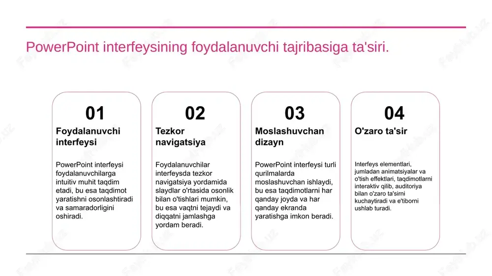 o'shish, taqdimotning auditoriyaga ta'sirini kuchaytirib, mavzuni yanada tushunarli qiladi. powerpoint: oʻquv jarayonida taqdimotlarni yaratish imkoniyatlari. powerpoint, taqdimotlarni yaratish jarayonida o'quvchilarga ko'plab imkoniyatlar taqdim etadi. o'qituvchilar interaktiv slaydlar, grafikalar va videolar yordamida materialni yanada qiziqarli va tushunarli qilib taqdim etishlari mumkin. bu esa o'quv jarayonini samarali qilishda muhim ahamiyatga ega. - o'qituvchilar uchun interaktiv imkoniyatlar. - grafik va multimedia elementlarni birlashtirish. - o'qitish jarayonini yanada qiziqarli qilish. photo by paymo on unsplash oʻquvchilarda bilimlarni mustahkamlashda powerpointning roli. 01 ta'lim jarayonida interaktivlik powerpoint o'quvchilarga interaktiv taqdimotlar yaratish imkonini beradi, bu esa ularda faol ishtirok etishni rag'batlantiradi va bilimlarni mustahkamlashga yordam beradi. 02 vizual materiallarning ahamiyati powerpoint taqdimotlari vizual materiallardan foydalanish orqali o'quvchilarning e'tiborini jalb qiladi, bu esa murakkab kontentni yanada tushunarli qiladi va esda qolishini oshiradi. 03 bilimlarni mustahkamlash usullari powerpoint orqali savol-javoblar, viktorinalar va muhokamalar o'tkazish, o'quvchilarning o'z bilimlarini mustahkamlashda samarali usul hisoblanadi. 04 o'zaro ta'sir va fikr almashish powerpoint taqdimotlarida …