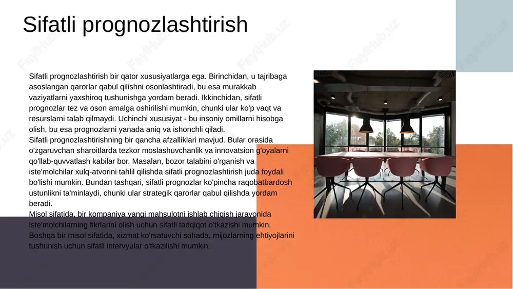 metodlar statistik usullar bo'lib, ular ma'lumotlar to'plamining aniq taqsimotini talab qiladi. ushbu metodlar ma'lumotlar o'rtasidagi bog'lanishlarni aniqlashga va kelajakdagi qiymatlarni prognozlashga yordam beradi. afzalliklari parametrik metodlar aniq va ishonchli prognozlar berish imkonini yaratadi. ularni qo'llash, odatda, statistik xatolarni kamaytiradi va natijalarni yanada aniq qiladi. kamchiliklari biroq, parametrik metodlar ma'lumotlar taqsimotini talab qiladi, bu esa har doim ham mavjud emas. shuningdek, agar ma'lumotlar normallik shartlarini bajarmasa, natijalar noto'g'ri bo'lishi mumkin. xulosa umuman olganda, parametrik metodlar prognozlashtirish jarayonida muhim ahamiyatga ega. ularning afzalliklari va kamchiliklarini tushunish, to'g'ri usulni tanlashda yordam beradi. title: prognozlashtirish turlari: parametrik va parametrik bo'lmagan metodlar subtitle: parametrik bo'lmagan metodlar haqida paragraph: parametrik bo'lmagan metodlar, ma'lumotlar taqsimoti bo'yicha cheklovlar qo'ymay, turli xil muammolarni hal qilishda qo'llaniladi. ular, asosan, statistik tahlil va prognozlashda foydalidir, chunki ular ma'lumotlarning tarqalishini hisobga olmasdan ishlay oladi. bullet points: - parametrik bo'lmagan metodlar, ma'lumotlar taqsimoti haqida hech qanday faraz qilmaydi. - ular osonlik bilan kuchli …