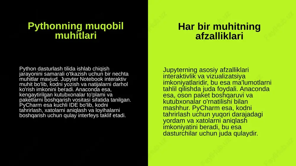 ish jarayonlarini avtomatlashtirishda python juda foydali bo'lishi mumkin. katta ma'lumotlar va mashina o'rganish katta ma'lumotlar va mashina o'rganish sohalarida python juda mashhur. pandas va numpy kabi kutubxonalar yordamida katta ma'lumotlarni tahlil qilish va mashina o'rganish algoritmlarini ishlab chiqish osonlashadi. bu sohada tensorflow va scikit-learn kabi kutubxonalar ham mavjud, ular yordamida murakkab modellar yaratish mumkin. nom mauydonlarining afzalliklari python nom mauydonlari dasturlashda muhim ahamiyatga ega. ular kichik va yirik dasturlarda ma'lumotlarni boshqarish va izchil qoidalarni ta'minlashda yordam beradi. nom mauydonlari orqali dasturlar orasida ma'lumotlar bilan ishlash osonlashadi, bu esa kodning aniq va tartibli bo'lishini ta'minlaydi. shuningdek, o'zgaruvchilarni aniq belgilash orqali xatolarni kamaytirishga yordam beradi, bu esa dastur sifatini oshiradi. misol uchun, katta loyihalarda bir xil nomdagi o'zgaruvchilarni boshqarish osonroq bo'ladi, bu esa dasturchilarga vaqtlari va resurslarini tejash imkonini beradi. photo by fatos bytyqi on unsplash photo by jefferson santos on unsplash nom mauydonlarini boshqarish photo by alvaro reyes on unsplash photo …