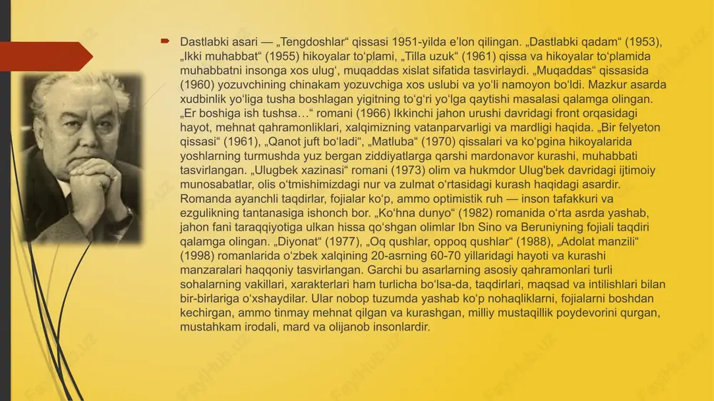 tasidagi o‘zaro bog‘liqlik mavzulari yoritilgan. asarning asosiy g'oyasi qahramonlarning shaxsiy va ijtimoiy qiyinchiliklarni yengib o'tishga intilishlari, o'z hayotlarida uyg'unlik va to'liqlik izlashga intilishlaridagi metaforik sayohatga qaratilgan. asosiy mavzular va g'oyalar erkinlik va o'zlikni qidirish : romandagi qahramonlar ko'pincha an'anaviy ijtimoiy me'yorlar fonida shaxsiy erkinlik va o'zini namoyon qilish istagi bilan kurashadilar. o'ziga xoslik va avtonomiyaga bo'lgan bu intilish asosiy mavzu bo'lib, kengroq insoniy holat va o'zbekistonning o'ziga xos madaniy kontekstini aks ettiradi. chidamlilik va qat'iyatlilik : sarlavhaning o'zi “qanot juft bo’ladi” birlashish, muvozanatni topish va o'zaro yordam va qat'iyat orqali maqsadlarga erishish g'oyasini taklif qiladi. qahramonlar inson ruhiyatining kuch-qudratini o‘zida mujassam etgan holda qiyinchiliklarga chidamlilikni namoyish etadi. madaniy va tarixiy kontekst : yoqubov ijodi o‘zbek madaniyati va tarixida chuqur ildiz otgan. rivoyatda koʻpincha oʻzbek xalqining kurashlari va gʻalabalari aks ettirilib, uning anʼanalari, qadriyatlari va tarixiy tajribalari haqida tushunchalar berilgan. ushbu kontekst hikoyani boyitib, uni o'ziga xos xususiyatga ega va mavzularida …