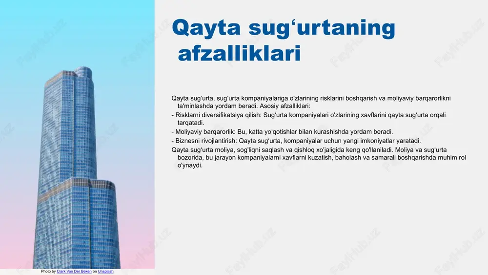 qilganligi sababli qayta sugʻurtalash jarayonida muammolar yuzaga kelgan. bu xato sugʻurta talabining kelib chiqishini notoʻgʻri baholashga olib keldi va natijada firma zarar ko‘rdi. bunday vaziyatlardan qochish uchun kompaniyalar jarayonlarini avtomatlashtirish va nazorat tizimlarini kuchaytirish orqali xatolarni kamaytirishga harakat qilishlari kerak. qayta sugʻurta jarayonlarining kelajagi qayta sugʻurta jarayonlarining kelajagi innovatsiyalar va yangi tendensiyalar bilan belgilanadi: - **sun'iy intellekt:** risklarni aniq baholash va mijozlarga xizmat ko'rsatishda samaradorlikni oshirish. - **ma'lumotlar tahlili:** katta ma'lumotlar yordamida sugʻurta jarayonlarini optimallashtirish. - **blokcheyn texnologiyasi:** jarayonlar shaffofligini va xavfsizligini ta'minlash. - **raqamli sugʻurta:** mijozlar bilan aloqani kuchaytirish va xizmatlarni raqamlashtirish. - **onlayn platformalar:** sugʻurta xizmatlarini tezlashtirish va osonlashtirish. innovatsiyalar kelajakda qayta sugʻurta jarayonlarining samaradorligini oshirib, yangi imkoniyatlar yaratadi. qayta sugʻurta jarayonlarining tahlili jarayonlar tahlili natijalari: 75% samaradorlik statistik ma'lumotlar: 2022 yilda 1500 qayta sugʻurta shartnomasi jarayonlar samaradorligi: 20% o'sish sur'ati kelajakda 10% dan 15% gacha o'sish kutilmoqda 1 2 3 4 kelajakda qayta sugʻurta tendensiyalari sugʻurta kompaniyalarining …