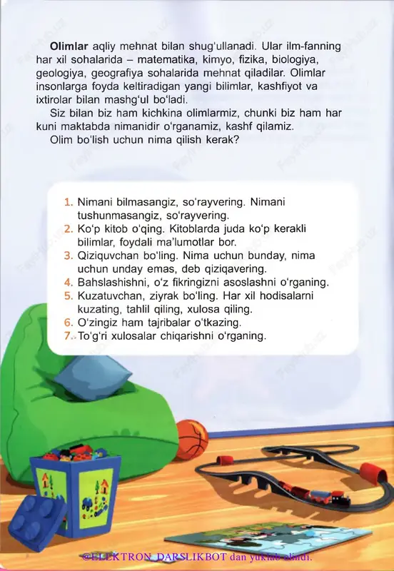z - noyob mo‘jiza ko'rish orqali jismlarning rangi, o‘lchami, shaklini aniqlaymiz. bir narsa bizdan uzoq yoki yaqinligi, harakatlanayotgani yoki qimirlamay turgani, katta yoki kichikligini ko‘z bilan bilib olamiz. inson ko'rish ne’mati tufayli kitob o'qiydi, televizor ko'radi, tabiatning go'zalligini tomosha qiladi. 1. bu rasmlardagi shakllarning nomi nima? 2 qanday rangdagi shakllarni ko'ryapsiz? 3. har bir rasmda sizdan eng uzoqda turgan shaklni toping. sizga eng yaqin turgan shakl qaysi? 4. har bir rasmdagi eng katta shaklni ayting. @elektron_darslikbot dan yuklab olindi. i qism men haqimda q -q odamlar haqida gapirsak, ko'pincha ularning ko‘zi va ) sochining rangini aytamiz. bu narsa sochdagi, teri va ko‘z qorachig'idagi o'ziga xos moddaga bog‘liq. 0 ‘sha modda qancha ko‘p bo‘lsa, rang shunchalik to‘q bo‘ladi. odatda ko'zlar jigarrang, ko‘k (yoki kulrang) va yashil bo‘ladi. jigarrang ko‘zni qo‘yko‘z ham deyishadi. ba’zan bunday ko'zlarning rangi shunchalik to‘q bo'ladiki, uni qora rang bilan adashtirib qo'yish mumkin. f ko'zguga qarab, ko'zingizni yaxshilab …