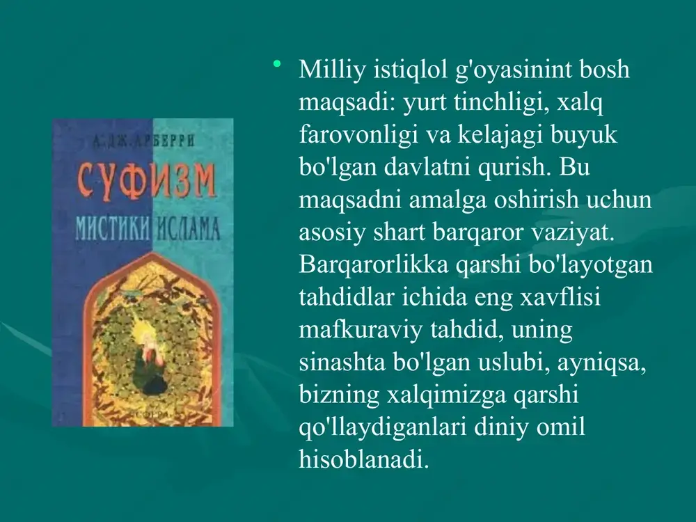 lari haqida ma’lumotlar olinadi. tariqat, albatta, ustoz (pir, murshid) bilan birga egallanadigan bosqichdir. bunda solih o’z ixtiyori, irodasini pir qo’liga beradi. tariqatning irodat deyilishiga sabab ham shuvdadir. «ma’rifat» arabcha «arafa» so’zidan olingan, uning ma’nosi «bilmoq»dir. bunda darveshlik darajasiga etish, barcha azob-uqubatlarga toqat etish, pok xislatlarni izlash, ollohni tanish, shariat va tariqatning barcha shartlariga amal qilish, bu dunyodan yuz o’girish, oxiratni afzal bilish, haqiqat sirlaridan ogoh bo’la borish ko’zga tashlanadi. bu bosqichga erishgan zohid dunyoning hamma jismida, har bir voqea-hodisada olloh irodasini, uning sifatlarini ko’ra oladi. ammo bu hali o’zlashtirishning aql bilan bog’langan bosqichi hisoblanadi. ilohiy xislatlarni anglashda yolg’iz aqpning kuchi ojizlik qiladi. yusuf xos hojibning «qutadg’u bilig» asarida dastlab kuntug’di va oyto’ldi — ikki donishmand dunyo hodisalari haqida suhbatlashadi. oyto’ldi vafotidan so’ng uning o’g’li o’gdulmish ayni jumboqlar ustida bosh qotiradi. uning aql timsoli ekanligini nazarga olaylik. adib shu uch obraz bilan kifoyalanmaydi. balki, zohid— o’zg’urmish obrazini ham kiritadi. demak, shu …