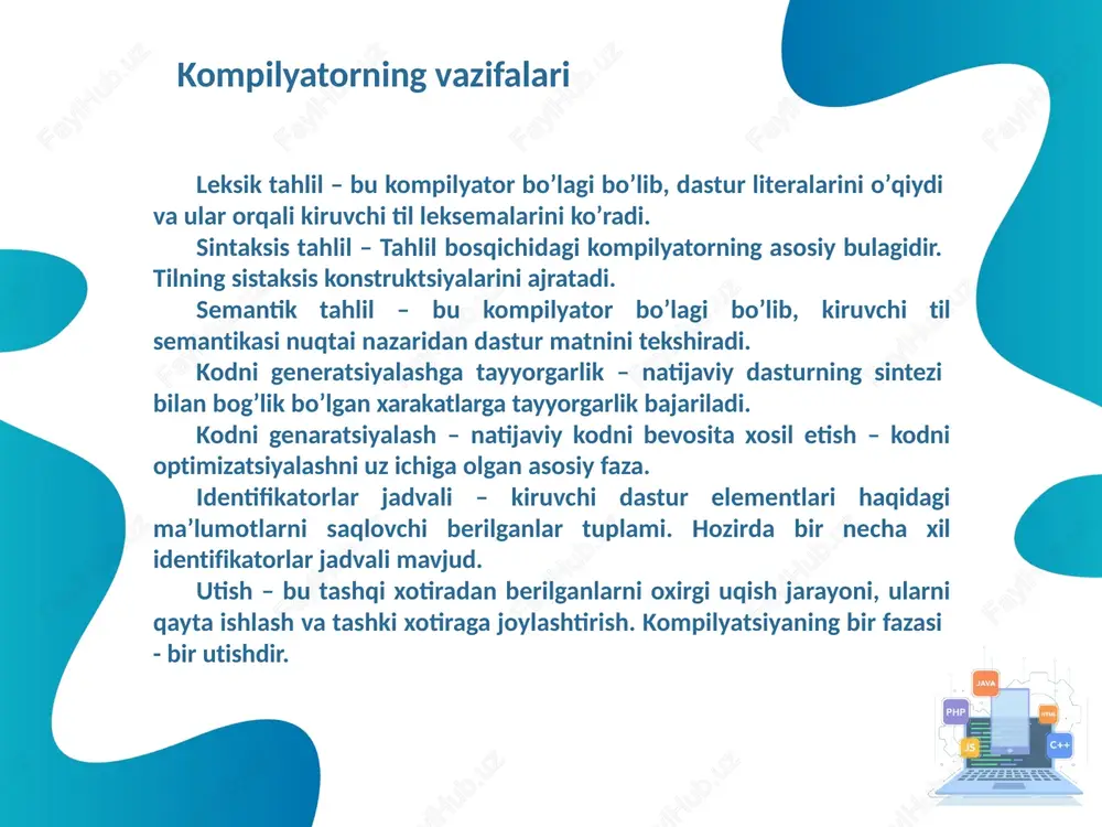 03-yildan hozirgacha qoʼllanilayotgan shu nomga ega bulgan. delphi — object pascal tilining bir qancha kengaytirishlar va toʼldirishlar orqali kelib chiqqan boʼlib, u obʼyektga yoʼnaltirilgan dasturlash tili hisoblanadi. c# dasturlash tili (si sharp - deb talaffuz qilinadi) leksik jihatdan kengaytirilgan, imperativ, deklarativ, funktsional, umumiy, obʼektga yoʼnaltirilgan (sinfga asoslangan) va komponentlarga yoʼnaltirilgan dasturlash fanlarini oʼz ichiga olgan umumiy maqsadli, koʼp paradigmali dasturlash tili. u 2000 yilda maykrosoft tomonidan .net tashabbusi doirasida ishlab chiqilgan. java dasturlash tili - eng yaxshi dasturlash tillaridan biri boʼlib, unda korporativ darajadagi mahsulotlarni (dasturlarni) yaratish mumkin. bu dasturlash tili oak dasturlash tili asosida paydo boʼldi. oak dasturlash tili 90-yillarning boshida sun(quyosh) microsystems tomonidan platformaga, yaʼni [operatsion sistema]ga bogʼliq boʼlmagan holda ishlovchi yangi avlod aqlli qurilmalarini yaratishni maqsad qilib harakat boshlagan edi. bunga erishish uchun sun xodimlari c++ ni ishlatishni rejalashtirdilar, lekin baʼzi sabablarga koʼra bu fikridan voz kechishdi. oak muvofaqiyatsiz chiqdi va 1995-yilda sun uning nomini javaga almashtirdi, …