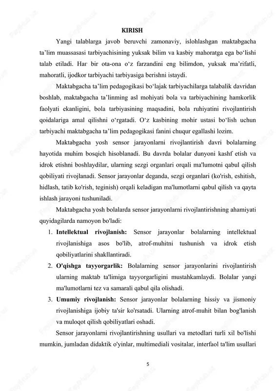 ratgan boy tajriba, ilmiy tadqiqotga doir nazariy va metodik manbalarga, jahon mutafakkir, m a’rifatparvar pedagog olimlarining asarlariga suyangan holda komil insonni tarbiyalashning qonun, qoida va tamoyillariga asoslanadi. maktabgacha ta’lim pedagogikasining milliy asoslari: ta’limtarbiya masalalari, har bir millatning milliy merosiga, umum- bashariy qadriyatlariga bog‘langan holda bog‘cha yoshidan boshlab o‘zligini anglash, erkin fikrlash, g‘urur tuyg‘ularini shakllantirishga qaratiladi. maktabgacha ta’lim pedagogikasi o‘quv qo‘llanmasini qayta to'ldirilgan nashrida 0 ‘zbekistonda barkamol avlod ma’naviyalini shakllantirish borasidagi islohotlar, maktab faoliyatini modernizatsiyalash, ya’ni ta’lim-tarbiya ishlari samaradorligini oshirishga doir mtm konsepsiyasi, «davlat talablari», mtm nizomlari hamda «bolajon» tayanch dasturi yaratilib, amaliyotda qomlanilayotganligi masalalariga e’tibor qaratildi. mazkur o‘quv qo‘llanma pedagogik kasb-hunar kolleji o‘quvchilariga mo‘ljallangan. o‘quv qo‘llanma 16 bobdan iborat bo‘lib, maktabgacha ta’limning mazmuni, ta’lim-tarbiyani tashkil qilish metodlari va boshqarish masalalariga bag‘ishlangan. har bir bobdan so‘ng nazorat savollari berilgan. ilk va maktabgacha yoshdagi bolalarda sensor rivojlanishining ahamiyatini inobatga olish juda o’rinlidir. aynan shu yosh atrofidagi dunyo haqidagi g’oyalarni to’plash, sezgi organlari …
