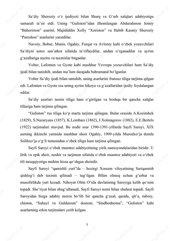 n, mag‘rurlik qilmog‘i zinhor. puling yo‘q, bozorda nima qilasan, qo‘rqaman sallangdan ajrab kelasan. kimki o‘z hosilin xom yeb tugatar, kuz kuni xirmondan mashoqlar terar.[footnoteref:1] [1: sa'diy. guliston, t., 1968. 12-bet. g‘.g‘ulom, sh.shomuhammedov, r.komilov tarjimalari.] shunday xayollarga borib, o‘ylab ko‘rganimdan so‘ng oxirida pushaymon qilmaslik va kelgusida o‘z sha’nimga quyidagi baytni ep bilmaslik uchun xilvatga chekinishim, do‘stlar suhbatini tark qilishim, siyna daftaridagi behuda so‘zlardan qutulishim kerak, degan qarorga keldim. biror burchakda tilsiz, gungu lol o‘tirguvchi odam, tilini tiymoqni bilmovchi kishidan afzalu ko‘rkam. shu vaqt bir mahallar g‘am kajavasida hamrohim, hujramda dilxohim bo‘lgan do‘stlarimdan biri, eski odati bo‘yicha, eshigimdan kirib keldi. u qanchalar hazil-mutoyibalar qilmasin, men unga javob bermadim, ibodatdan bosh ko‘tarmadim. shunda uning ko‘ngli o‘ksidi, menga qarab dedi: bukun so‘zlamoqqa senda imkon bor, har qancha yaxshi so‘z topsang, aytib qol. ertaga ajalning elchisi kelgach, tiling qimirlashga topmagay majol. yaqin do‘stlarimdan biri unga voqeani tushuntirib dediki, “sa’diy qolgan umrini toat-ibodatda, xomushlik, sukunatda kechirmoqqa …