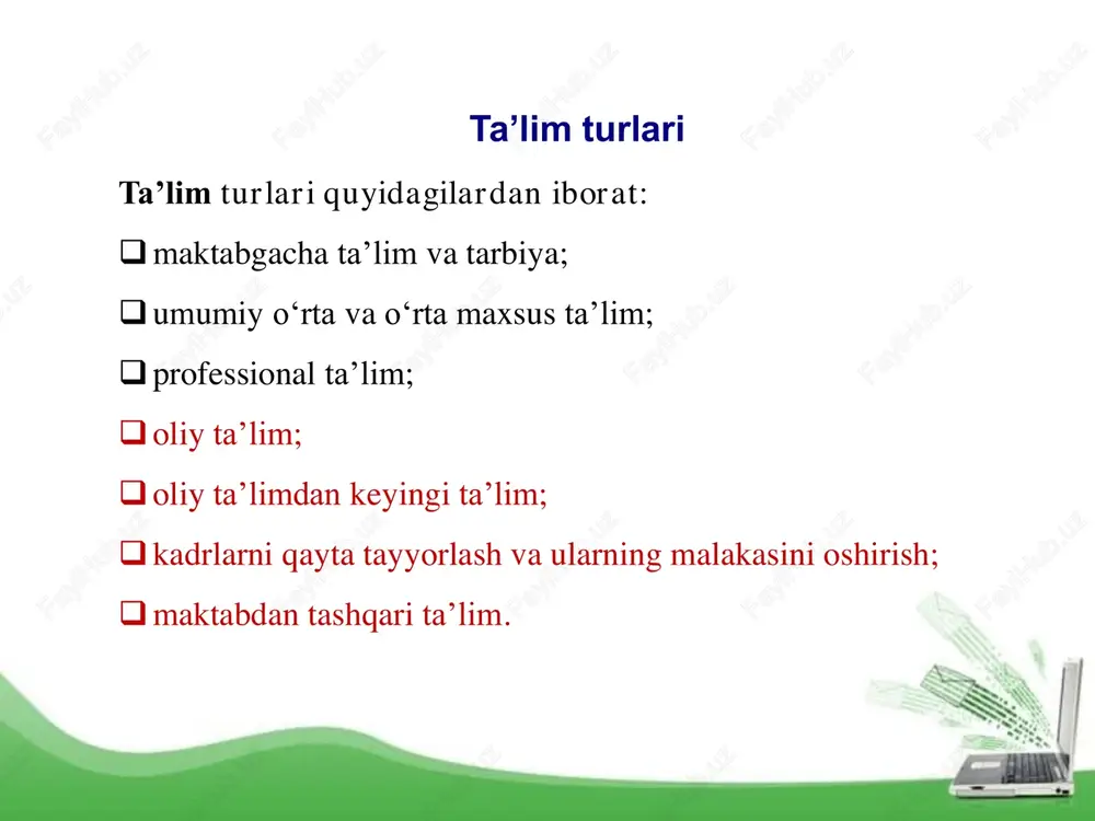 qonunlari haqidagi tasavvur hamda tushunchalari tushuniladi. ko'nikma - ta'lim oluvchining mehnat harakatini (yoki mehnat harakatlari majmuini) ayni sharoitda ma'qul harakat usullarini tanlab va qo'llab bajarishga va buning oqibatida mehnatda ijobiy natijalarga erishishga tayyor ekanligi. malaka - ta'lim oluvchining harakat komponentlarini maksimal aniqlik, tezlik va maqsadga muvofilikda avtomatlashtirilgan usulda bajarishga qobilligi. bu qobiliyat talabaning mashqlar o'tkazishi natijasida hosil bo'ladi. kasbiy pedagogika- umumiy pedagogikaning bir sohasi bo'lib, u tarbiya, ta'lim, o'qitish haqida qator nazariy va amaliy ma'lumotlar beradi. kasbiy pedagogika sanoat, ishlab chiqarish va mehnat pedagogikasining masalalari bilan shug'ullanadi. didaktika - grekcha «didaskiuen» so'zidan olingan bo'lib, o'qitaman, o'qishni o'rgataman ma'nolarini anglatadi. didaktika o'qitish jarayonini shakllari, metodlari, tamoyillari, mazmuni, vazifasi va maqsadlarini ishlab chiqadi. metod - iborasi (yunoncha-metodos-tadqiqot yoki bilish yo'li, nazariya ta'limot ma'nosini anglatib) voqelikni bilish, o'zlashtirish, o'zgartirish usullari majmuasidir. metod-pedagogik jarayon elementi sifatida mazmun, maqsadlarga maksimal mos kelishi kerak, ana shunda- tarbiya, ta'lim rivojlanish amalga oshadi. metodika - pedagogikaning o'qitish qonuniyatlari, …