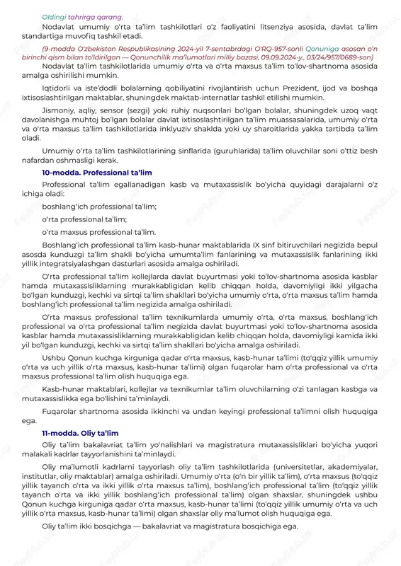 davlat ta’lim standartlari va davlat ta’lim talablari doirasida ta’lim olishning hamma uchun ochiqligi; o‘quv dasturlarini tanlashga doir yondashuvning yagonaligi va tabaqalashtirilganligi; insonning butun hayoti davomida ta’lim olishi; jamiyatda pedagoglarni ijtimoiy himoya qilishning kafolatlanganligi; ta’lim tizimining dunyoviy xususiyatga egaligi; bilimlilik, qobiliyatlilik va iste’dodning rag‘batlantirilishi; ta’lim tizimida davlat va jamoat boshqaruvining uyg‘unligi; ta’lim faoliyati sohasidagi ochiqlik va shaffoflik. 5-modda. ta’lim olish huquqi oldingi tahrirga qarang. jinsi, irqi, millati, tili, dini, e’tiqodi, ijtimoiy kelib chiqishi, ijtimoiy mavqeyidan qat’i nazar, har kimga ta’lim olish uchun teng huquqlar kafolatlanadi. (5-moddaning birinchi qismi o‘zbekiston respublikasining 2024-yil 20-sentabrdagi o‘rq-963-sonli qonuni tahririda — qonunchilik ma’lumotlari milliy bazasi, 21.09.2024-y., 03/24/963/0735-son) ta’lim olish huquqi: ta’lim tashkilotlarini rivojlantirish; ta’lim tashkilotlarida innovatsion faoliyatni qo‘llab-quvvatlash va o‘quv dasturlarini innovatsion texnologiyalarni qo‘llagan holda amalga oshirish; ishlab chiqarishdan ajralgan (kunduzgi) va ajralmagan holda (sirtqi, kechki, masofaviy) ta’lim olishni tashkil etish; kadrlarni tayyorlash, qayta tayyorlash va ularning malakasini oshirish; umumiy o‘rta, o‘rta maxsus ta’limni va boshlang‘ich …