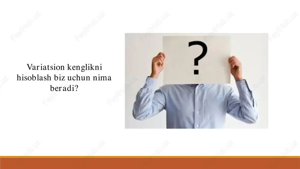rq qilishi mumkin. shunday qilib, narxlar o'rtasidagi farqni yaxshiroq tushunish uchun standart og'ishni ko'rish yanada osonroq bo'ladi. standart og'ish ma'lumotlarning o'rtacha qiymatdan qanchalik farq qilayotganini ko'rsatadi. yani, mahsulot narxi o'rtacha 12,200 so'm atrofida bo'lsa, lekin u o'rtacha qiymatdan 1,720 so'm yuqori yoki past bo'lishi mumkin. bu, masalaning narxi 10,480 so'm (12,200 - 1,720) dan 13,920 so'm (12,200 + 1,720) orasida bo'lishi mumkinligini ko'rsatadi. shu tariqa, standart og'ish narxlarning o'zgarishini tushunish va ularni qanday tarqalganini bilish uchun juda foydalidir.  o„rtacha kvadratik chetlanish (standar og‗ish) deb o‗rtacha kvadrat chetlanishning kvadrat ildizdan chiqarilgan miqdoriga aytiladi va quyidagi formulalar bilan aniqlanadi: n xx 2)(   tortilgan qatorlar uchun f fxx    2)(  o‗rtacha kvadratik chetlanish statistikada o‗rganilayotgan qiymatlarning o‗rtacha qiymatdan qanchalik chetga chiqishini o‗lchaydigan ko‗rsatkichdir. bu qiymat namuna yoki umumiy to‗plamdagi tarqoqlik darajasini ifodalaydi. oddiy qatorlar uchun o„rtacha kvadratik chetlanish bo„yicha amaliy misol keltiriladi: bir guruh o„quvchining statistika fanidan …