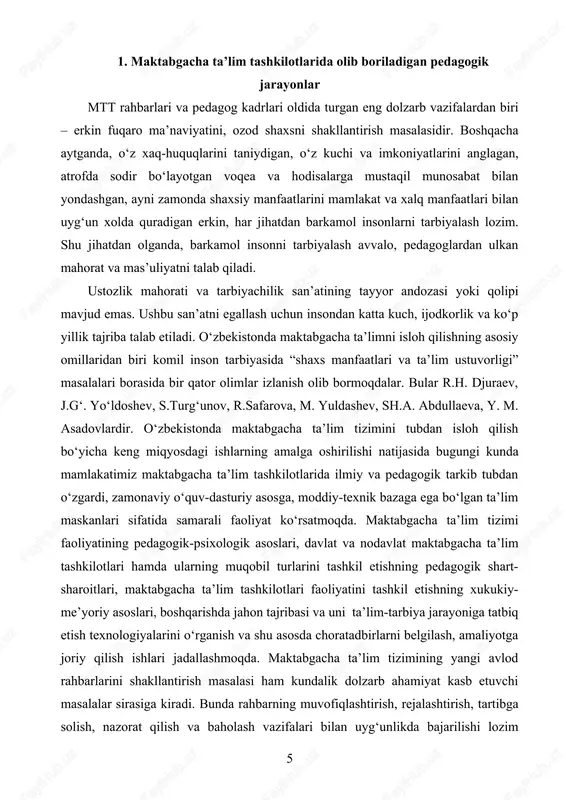 cha ta’lim tashkilotlari hamda ularning muqobil turlarini tashkil etishning pedagogik shart-sharoitlari, maktabgacha ta’lim tashkilotlari faoliyatini tashkil etishning xukukiy-me’yoriy asoslari, boshqarishda jahon tajribasi va uni ta’lim-tarbiya jarayoniga tatbiq etish texnologiyalarini o‘rganish va shu asosda choratadbirlarni belgilash, amaliyotga joriy qilish ishlari jadallashmoqda. maktabgacha ta’lim tizimining yangi avlod rahbarlarini shakllantirish masalasi ham kundalik dolzarb ahamiyat kasb etuvchi masalalar sirasiga kiradi. bunda rahbarning muvofiqlashtirish, rejalashtirish, tartibga solish, nazorat qilish va baholash vazifalari bilan uyg‘unlikda bajarilishi lozim bo‘lgan vazifalari to‘g‘risida e’tirof etilgan funktsiyalar bolalarning intellektual jihatdan voyaga yetishiga, ma’naviy barkamol shaxs bo‘lib shakllanishiga va pedagog xodimlarning ilmiy-ma’naviy jihatdan o‘sishiga, siyosiy va fuqarolik pozitsiyasining mustahkamlanishiga olib keladi. mtt pedagog xodimlaridan keng bilimdonlik, puxta amaliy tayyorgarlik, yuksak pedagogik mahorat, kompetentlik va ijodkorlik talab etiladi. maktabgacha ta’lim jarayonida insonparvarlik omilini ta’minlaydigan ustozlarning shaxsiy sifatlariga quyidagilar kiradi: talabchanlik, haqqoniylik, halollik, mehribonlik, xushmomalalik. ushbu sifatlar pedagogning ta’lim-tarbiya oluvchilar uchun ahamiyatini belgilashi kerak. zero, shaxsiy sifatlar o‘qitish va tarbiyalash mahoratiga ta’sir …