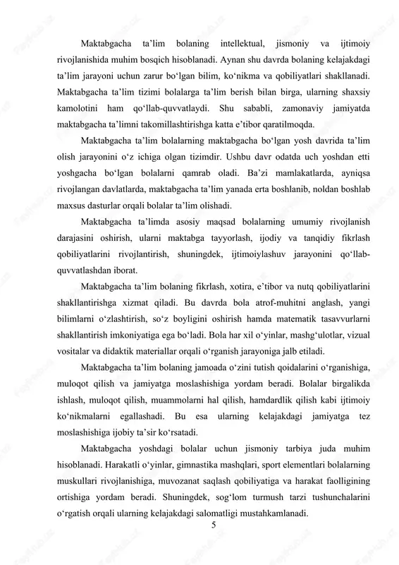 ivojlanishiga yetarlicha e’tibor qaratmaydi. maktabgacha ta’lim tizimida zamonaviy texnologiyalardan keng foydalanish hali ham to‘liq yo‘lga qo‘yilmagan. maktabgacha ta’lim sifatini oshirish uchun davlat tomonidan qo‘llab- quvvatlashni kuchaytirish, ta’lim muassasalarining moddiy-texnik bazasini yaxshilash, tarbiyachilar va pedagoglarning malakasini oshirish, ota-onalarni bolalarning erta rivojlanishiga e’tibor qaratish bo‘yicha ma’lumot berish hamda zamonaviy texnologiyalarni keng joriy etish lozim. maktabgacha ta’lim bolalarning intellektual, jismoniy va ijtimoiy rivojlanishida hal qiluvchi o‘rin tutadi. rivojlangan davlatlar tajribasi shuni ko‘rsatadiki, maktabgacha ta’limga sarmoya kiritish kelajak avlodning intellektual salohiyatini oshirish va mamlakat taraqqiyotiga hissa qo‘shishning eng samarali yo‘llaridan biridir. shu sababli, maktabgacha ta’lim tizimini modernizatsiya qilish, innovatsion yondashuvlarni tatbiq etish va tarbiyachilar malakasini oshirish zarur. 7 1.2. o‘zbekistonda maktabgacha ta’limning rivojlanish bosqichlari o‘zbekistonda maktabgacha ta’lim tizimi uzoq tarixga ega bo‘lib, uning shakllanishi va rivojlanishi jamiyat taraqqiyoti bilan chambarchas bog‘liqdir. maktabgacha ta’lim tizimi avlodlar tarbiyasining muhim tarkibiy qismi bo‘lib, har bir tarixiy davrda uning rivojlanishida turli yondashuvlar qo‘llanilgan. bugungi kunda esa bu tizim …