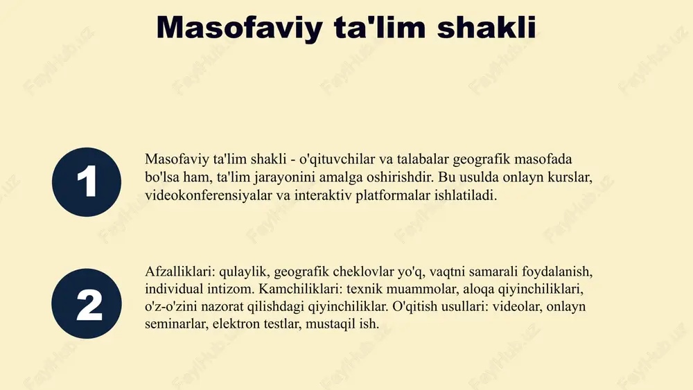 uvchilarning ishtirokini ta'minlaydi. o'quv jarayonida ta'lim shakllarining roli ta'lim shakllari o'quv jarayonida muhim rol o'ynaydi. ular motivatsiya, qiziqish va faol ishtirokni oshiradi. masalan, loyiha asosida o'qitish yoki guruh muhokamalari o'quvchilarni faollashtiradi va ko'nikmalarini rivojlantiradi. to'g'ri ta'lim metodini tanlash talabalarning muvaffaqiyatiga ta'sir qiladi. photo by giulia squillace on unsplash https://unsplash.com/@giuliasq?utm_source=ai_slide_maker&utm_medium=referral https://unsplash.com/photos/a-man-standing-in-front-of-a-whiteboard-in-a-classroom-tl8hysss--a?utm_source=ai_slide_maker&utm_medium=referral amaliy ta'lim shakllarining afzalliklari • amaliy ta'lim shakllari o'quvchilarga muammo yechish, kreativlik, jamoaviy ishlash va real hayotga tayyorlikni rivojlantirish imkonini beradi. laboratoriya ishlar va stajirovkalar kabi amaliy misollar orqali o'quvchilar bilimlarini amalda qo'llashadi. bu usullar interaktivlik va mustaqillikni ta'minlab, kelajakdagi kasbga tayyorlaydi. photo by martin adams on unsplash https://unsplash.com/@martinadams?utm_source=ai_slide_maker&utm_medium=referral https://unsplash.com/photos/assorted-title-book-lot-on-shelf-_ozcl4xcprw?utm_source=ai_slide_maker&utm_medium=referral ta'lim shakllarini tanlashda e'tibor berish kerak bo'lgan asosiy omillar ta'lim shakllarini tanlashda e'tibor berish kerak bo'lgan omillar va ularning ta'lim jarayoniga ta'siri muhim ahamiyatga ega. o'quvchilarning ehtiyojlari, maqsadlari, shaxsiy xususiyatlari, motivatsiya darajasi va tajribasi bu jarayonda asosiy rol o'ynaydi. masalan, amaliy va nazariy ta'lim shakllarini tanlashda, o'quvchilarning maqsadlariga mos keladigan …