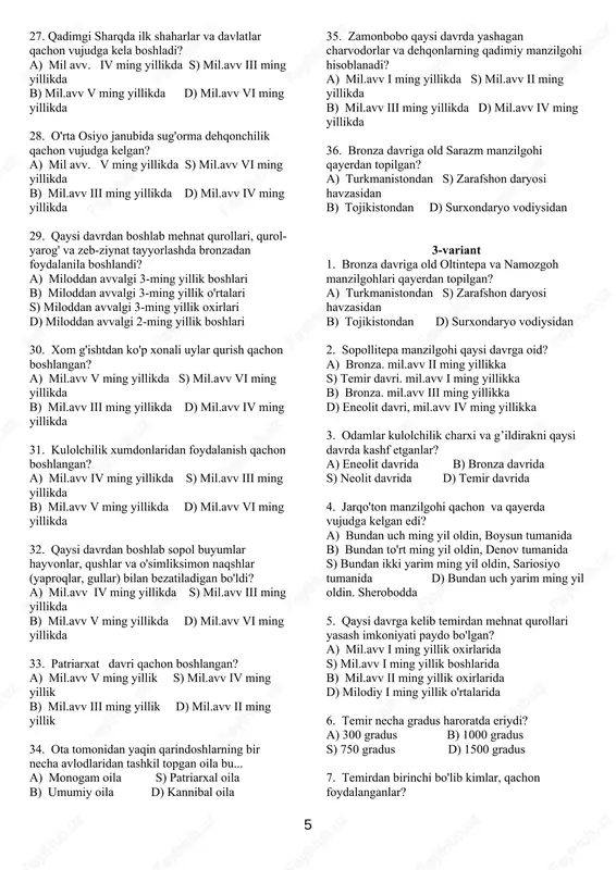 dehqonchilik va ibtidoiy chorvachilik qachon vujudga kelgan? a) mezolit davri boshlarida b) paleolit davri oxirlarida s) neolit davri boshlarida d) mezolit davri oxirlarida 13. dehqonchilik va chorvachilik qaysi davrda keng tarqaldi? a) paleolit davrida b) mezolit davrida s) neolit davrida d) eneolit davrida 14. o’zbekiston hududida mezolit davri manzilgohlari qanchasi o'rganilgan? a) 30 dan ziyod b) 50 dan ziyod s) 70 dan ziyod d) 100 dan ziyod 15. o’zbekiston hududidan topilgan mezolit davri manzilgohlari xato berilgan javobni toping. a) obishir b) qo’shilish s) machay d) sopollitepa 16. neolit davri (yangi tosh asri) sanasini ayting. a) mil. avv. 100-40 ming yillar b) mil. avv. 40-12 ming yillar s) mil. avv. 12-7 ming yillar d) mil. avv. 6-4 ming yillar 17. neolit davrida vujudga kelgan kashfiyotlar xato berilgan javobni toping. a) ziroatchilik vujudga keldi b) mikrolitlar yasashni o’rgandilar s) loydan idish-tovoqlar yasaldi d) g'ildirak kashf etildi 18. mikrolitlar bu... a) toshdan kichik …