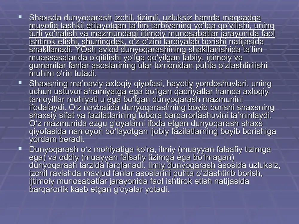 intilish tuyg‘usini shakllantirish.  5. bilimlarni o‘zlashtirishga yordam beradigan psixologik qobiliyatlar (nutq, diqqat, 5. bilimlarni o‘zlashtirishga yordam beradigan psixologik qobiliyatlar (nutq, diqqat, hotira, tafakkur, ijodiy hayol) va xususiyatlar (aniq maqsadga intilish, qiziquvchanlik, hotira, tafakkur, ijodiy hayol) va xususiyatlar (aniq maqsadga intilish, qiziquvchanlik, kuzatuvchanlik, mustaqil fikrlash, ijodiy tafakur yuritish, o‘z fikrini asoslash, mavjud kuzatuvchanlik, mustaqil fikrlash, ijodiy tafakur yuritish, o‘z fikrini asoslash, mavjud ma’lumotlarni umumlashtirish, guruhlashtirish, mantiqiy hulosalar chiqarish va ma’lumotlarni umumlashtirish, guruhlashtirish, mantiqiy hulosalar chiqarish va hokazolar)ni rivojlantirish.hokazolar)ni rivojlantirish.  aqliy ta’lim va tarbiya birligi asosida shaxsda aqliy ta’lim va tarbiya birligi asosida shaxsda tafakkurtafakkur (ijtimoiy voqea-hodisalarning ongda to‘laqonli aks etishi, (ijtimoiy voqea-hodisalarning ongda to‘laqonli aks etishi, inson aqliy faoliyatining yuksak shakli) rivojlanadi. inson aqliy faoliyatining yuksak shakli) rivojlanadi. manbalarning ko‘rsatishicha, aqliy tafakkurning mavjud manbalarning ko‘rsatishicha, aqliy tafakkurning mavjud darajasini belgilash bir qadar murakkab bo‘lib, quyidagi darajasini belgilash bir qadar murakkab bo‘lib, quyidagi belgilarga ko‘ra aniqlanishi mumkin:belgilarga ko‘ra aniqlanishi mumkin: …