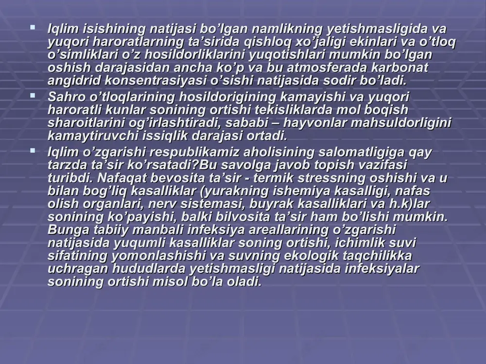 ona gazlari, hodisaning o’zi esa issiqxona effekti deb ataladi. issiqxona gazlari yerning deyarli butun tarixi mobaynida atmosferada bo’lgan, ularning balansi tabiatda bo’lgan tabiiy aylanish natijasida saqlanib kelgan. atmosferada issiqxona gazlari bo’lmaganligida, yer sathi harorati hozirgidan tahminan 30-330c past bo’lgan bo’lardi. sanoat davrining boshlanishidan avval uglerod dioksidining atmosferada konsentrasiyasi 280 millionga zarraga teng bo’lgan, hozir esa bu daraja 30% oshib 368 millionga zarrani tashkil etadi. tabiiy issiqxona effekti yer atmosferasini hayvonlar va o’simliklarning mavjudligiga qulay bo’lgan issiqlik balansi holida saqlab kelgan bo’lsa, issiqxona gazlarining atmosferada antropogen ko’payishi issiqxona effektining kuchayishi hisobiga sayyoraning tabiiy issiqlik balansining buzilishiga olib keladi, bu esa natijada global issiqlashuvga olib keladi. iqlim o'zgaryapti, bizni kelajakda nima kutmoqda? iqlim o'zgarishlarini baholash uchun atmosfera va okeanlarning umumiy tsirkulyatsiya modellari ishlab chiqiladi, va ular global iqlim modellari (global climate models) deb ataladi. modellarda yerning iqlim sistemalarining o’zgarishi fizika asosiy qonunlariga asoslanib hisoblab chiqiladi. global iqlim modellari atmosferada issiqxona gazlarining konsentrasiyasi …