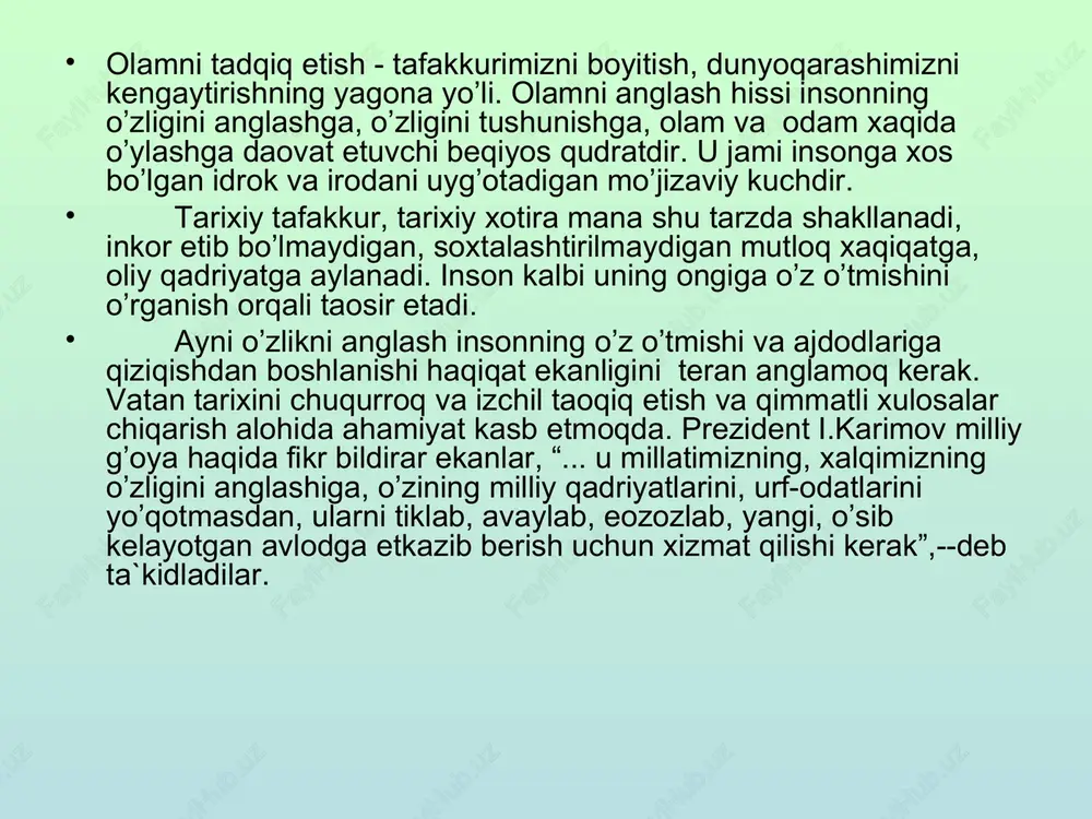shi yaqin bir million yil atrofida degan xulosaga keladi. bu g’ordan topilgan odamning qoldiqlari farg’ona vodiysi hududidan topilganligi sababli shartli suratda “ferganatrop”, yaoni “farg’ona odami” nomi bilan fanga kiritildi. shunday qilib, paleolit davrida odamning paydo bo’lishi jarayoni asosan tugadi. ibtidoiy odamlar xo’jalik yuritishning eng oddiy yo’llaridan, murakkabroq (terib - termachalabdan, ovchilik, baliqchilikka) o’tdilar. olov kashf etildi. insoniyat ibtidoiy to’da davridan urug’chilik tuzumiga o’tdi. mehnat qurollari takomillashib, turlari ko’paya bordi. ibtidoiy odamlar orasida dastlabki diniy qarashlar paydo bo’ldi. markaziy osiyoda o’rta tosh - mezolit davri nisbiy tarzda mil.avv. 12-7 ming yilliklarni o’z ichiga oladi. bu davrga kelib, iqlim barqarorlashadi, hayvonot va o’simlik dunyosi o’zgaradi. bu davrning katta yutuqlaridan biri - kamon va o’qning kashf etilishidir. neolit uzoq davom etgan tosh asrning so’nggi va yakunlovchi bosqichi bo’lib, geografik muhit va shart-sharoitning turli-tumanligi, neolit davri qabilalarida mehnat qurollari, uy-ro’zg’or buyumlari, turar joylar va xo’jaliklarning turlicha bo’lishiga olib keldi. bu davr qabilalari markaziy osiyo …