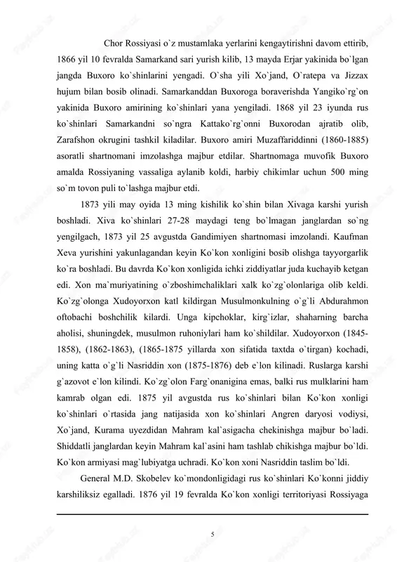 5-1875 yillarda xon sifatida taxtda o`tirgan) kochadi, uning katta o`g`li nasriddin xon (1875-1876) deb e`lon kilinadi. ruslarga karshi g`azovot e`lon kilindi. ko`zg`olon farg`onanigina emas, balki rus mulklarini ham kamrab olgan edi. 1875 yil avgustda rus ko`shinlari bilan ko`kon xonligi ko`shinlari o`rtasida jang natijasida xon ko`shinlari angren daryosi vodiysi, xo`jand, kurama uyezdidan mahram kal`asigacha chekinishga majbur bo`ladi. shiddatli janglardan keyin mahram kal`asini ham tashlab chikishga majbur bo`ldi. ko`kon armiyasi mag`lubiyatga uchradi. ko`kon xoni nasriddin taslim bo`ldi. general m.d. skobelev ko`mondonligidagi rus ko`shinlari ko`konni jiddiy karshiliksiz egalladi. 1876 yil 19 fevralda ko`kon xonligi territoriyasi rossiyaga ko`shib olinganligi va uning o`rnida farg`ona viloyati tashkil etilganligi e`lon kilindi. skobelev harbiy gubernator etib tayinlandi. kirg`izlarga karashli oloy vodiysi ham rossiya imperiyasiga ko`shib olindi. ko`kon xonligini ko`shib olinishi bilan sharkda tyanshon tog`laridan boshlab, g`arbda amudaryogacha, janubda pomir etaklarigacha cho`zilgan turkiston general-gubernatorligi tuzildi. endi chor rossiyasining turkiston mustamlakasini boshkarishi tartibiga kelsak, o`rta osiyo xalklarining iktisodiy va milliy …