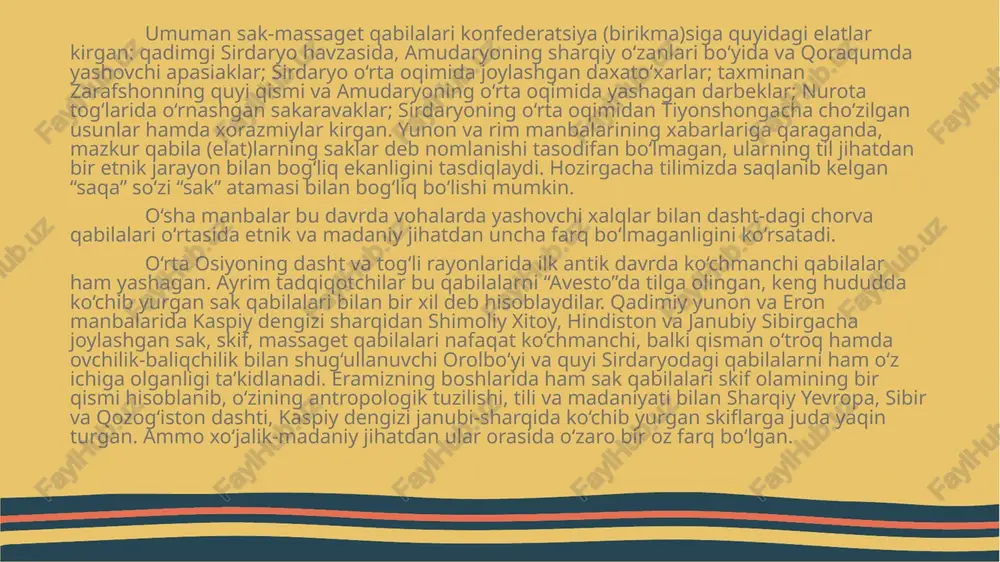 ri, hunarmandchilikning ayrim turlarini mahalliy ustalargina emas, balki janubiy qo‘shni o‘lkalardan asirga tushgan qullar qo‘li bilan qilinganligi yodgorliklardan ko‘rinib turibdi. masalan, xorazm va uning tevaragidagi qudratli apasiaklarning qal’a va qasrlarida ishlagan chet ellik ustalar o‘z xo‘jayinlarining talabiga binoan xorazmliklarning me’morchilik va kasb san’atiga taqlid qilganlar. arxeologlarning fikricha, mazkur etnik jarayonda katta hududlarga o‘z ta’sirini o‘tkazgan xorazm alohida o‘rinni egallaydi. eramizdan avvalgi ii ming yillikda xorazmning bronza davri madaniyati, aftidan kopetdog‘ etaklarida topilib tekshirilgan ilk dehqonchilik madaniyati bilan sharqiy yevropadagi dasht bronza madaniyatini bir-biriga bog‘lovchi halqa bo‘lib xizmat qiladi. “avesto”da o‘rta osiyoda ilk quldorlik davridagi ijtimoiy tuzum va mahalliy elatlar to‘g‘risida muhim ma’lumotlar keltirilgan. unda aytilishicha, jamoada chorva mollari juda ko‘p bo‘lib, o‘troq aholi chorvador va dehqonchilik xo‘jaliklaridan iborat bo‘lgan, chorva mollari ko‘p bo‘lgan harbiy aristokratiya boshqalardan ajralib turgan. bu muqaddas kitobda qang‘ha davlati ham tilga olinadi. xitoy elchisi va sayyohi chjan szyan o‘rta osiyoda yirik kangyuy (qang‘ha) davlati mavjudligi haqida …