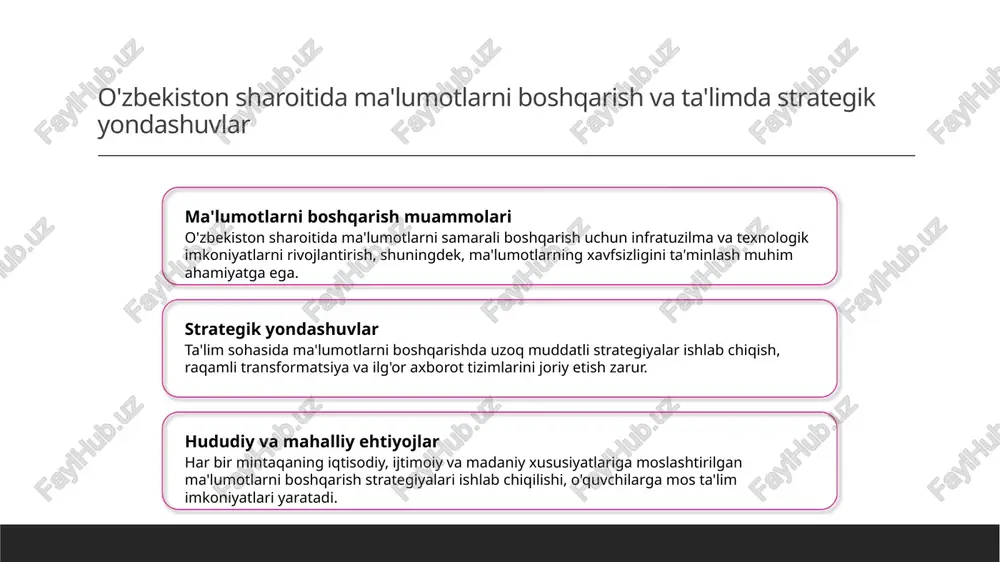 o'zbekiston davlat universiteti, 2018. 2. qodirov, s. axborot tizimlarida mantiqiy yondashuvlar. tashkent: innovatsiya nashriyoti, 2020. 3. karimov, b. o'zbekiston sharoitida ma'lumotlarni boshqarish strategiyalari. toshkent: ma'lumotlar texnologiyalari instituti, 2019. 4. toshkent informatika universiteti. axborot tizimlari va mantiqiy qaror qabul qilish jarayonlari. konferensiya materiallari, 2021. 5. sultonov, d. ma'lumotlar boshqaruvi va ta'limda strategiyalar. o'zbekiston ta'lim va texnologiya jurnali, 2022. e'tiboringiz uchun rahmat! /docprops/thumbnail.jpeg