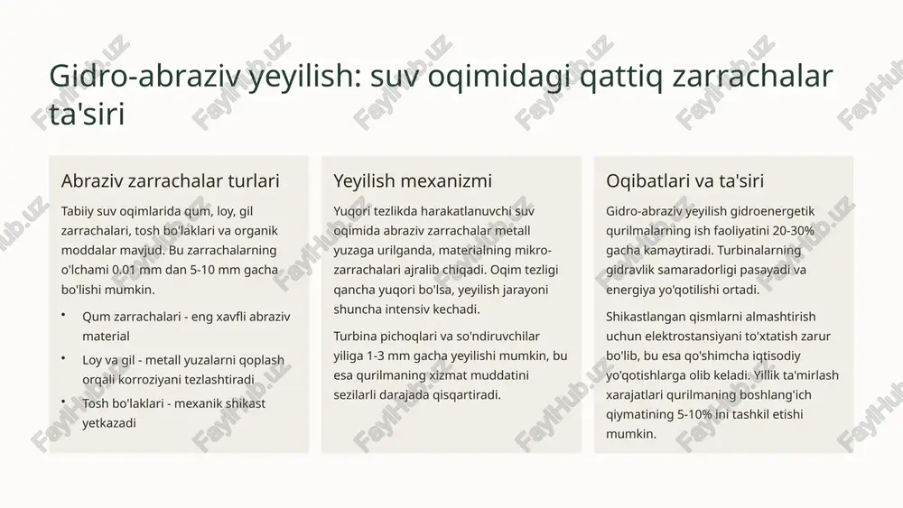 chmoqda. gidrodinamik modellashtirish va amaliy tajribalar asosida innovatsion yechimlar ishlab chiqilmoqda. hamkorlik istiqbollari kelajakda yanada samarali va bardoshli gidrotexnik qurilmalar yaratish uchun ilmiy-tadqiqot institutlari, universitetlar va ishlab chiqaruvchi korxonalar o'rtasida keng ko'lamli hamkorlik zarur. xalqaro tajriba almashish va qo'shma loyihalar sohani rivojlantirishga katta hissa qo'shadi. "gidroenergetik qurilmalarning uzoq muddatli samaradorligi va ishonchliligi zamonaviy materiallar, texnologiyalar va ilmiy yondashuvlarning muvaffaqiyatli integratsiyasiga bog'liq. o'zbekiston olimlari tomonidan yaratilgan innovatsion yechimlar milliy energetika tizimini mustahkamlashga muhim hissa qo'shmoqda." foydalanilgan o'zbek olimlari asarlari adabiyotlari obidov b.o. va boshqalar "gidrotexnik inshootlarda kavitatsion yeyilish va unga qarshi kurash choralari" - toshkent: fan, 2018 ushbu asarda shamxor va artyom suv inshootlarida olib borilgan tadqiqotlar natijalari va kavitatsiyaga chidamli energiya so'ndiruvchilarning konstruksiyasi batafsil yoritilgan. obidov b.o., raxmatov n.s. "gidroenergetik qurilmalarda abraziv yeyilish mexanizmlari va himoya texnologiyalari" - o'zbekiston fanlar akademiyasi axborotnomasi, 2020 maqolada suv oqimidagi abraziv zarrachalarning ta'siri va zamonaviy himoya usullari ilmiy asoslab berilgan. teshaboyev a.t., obidov b.o. …