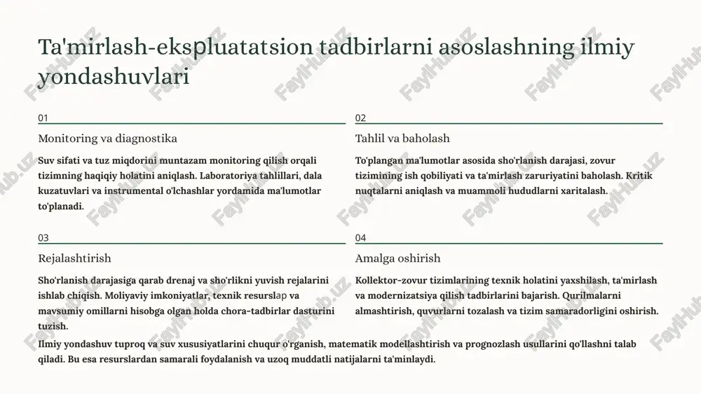 assislarni o'qitish, malaka oshirish kurslari va amaliy treninglar o'tkazish orqali professional kadrlar tayyorlash. suv va tuproq resurslarini barqaror boshqarish faqat kompleks yondashuv, doimiy monitoring, ilmiy tadqiqotlar va amaliy tadbirlarning muvofiqlashtirish orqali ta'minlanadi. bugungi kunda amalga oshiriladigan tadbirlar kelajak avlodlar uchun sog'lom va unumli tuproqlarni saqlashga xizmat qiladi. foydalanilgan adabiyotlar 1. f.a. barayev va hamkasblar "zovur tizimlarida suv sathi me'yorlari va ularning qishloq xo'jaligi samaradorligiga ta'siri" – millioratsiya va suv xo'jaligi jurnali, 2018-yil. 2. nurbek toshbekov, dilobar qalandarova "kollektor-zovur suvlarining kimyoviy tarkibi va tuproq unumdorligiga ta'siri" – o'zbekiston qishloq xo'jaligi akademiyasi ilmiy axborotnomasi, 2020-yil. 3. salohiddinov va ashirova "suv resurslarini havzaviy boshqarish: zamonaviy yondashuvlar va o'zbekiston amaliyoti" – toshkent davlat agrar universiteti nashri, 2021-yil. 4. o'zbekiston respublikasi qishloq va suv xo'jaligi vazirligi "melioratsiya jamg'armasi faoliyati va ta'mirlash tadbirlari moliyalashtirish mexanizmlari" – rasmiy hujjatlar va hisobotlar, 2019-2023 yillar. 5. xalqaro tajriba fao (food and agriculture organization) nashrlari: "drainage systems management and sustainability", …