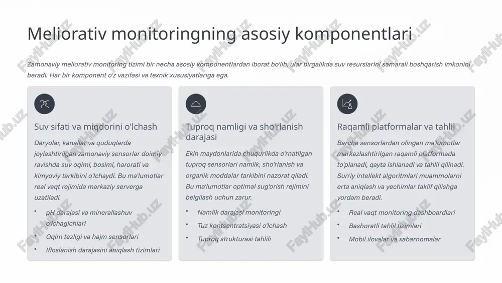 o'rnatish har bir sensor maxsus kreplash usuli bilan mustahkam o'rnatiladi. suv sensorlari suvga chidamli korpuslarda, tuproq sensorlari esa to'g'ri chuqurlikda joylashtiriladi. 03 tarmoqqa ulash va sozlash barcha qurilmalar simsiz aloqa tarmoqlariga (lorawan, 4g/5g) ulanadi va markaziy tizim bilan sinxronlashtiriladi. dastlabki kalibrlash va test o'tkaziladi. 04 monitoring va texnik xizmat muntazam ravishda ma'lumotlar tekshiriladi, qurilmalar tozalanadi va texnik holati nazorat qilinadi. kerak bo'lganda kalibrlash va ta'mirlash ishlari amalga oshiriladi. 8 kelajak istiqbollari va innovatsiyalar meliorativ monitoring sohasida sun'iy intellekt, masofadan zondlash va avtomatlashtirilgan tizimlar kabi zamonaviy texnologiyalarning joriy etilishi katta imkoniyatlar ochmoqda. o'zbekiston bu yo'nalishda ilg'or tajribalarni o'zlashtirmoqda. sun'iy intellekt va bashorat ai algoritmlari yordamida suv resurslarini bashorat qilish va optimal taqsimot rejalarini tuzish. machine learning modellari ob-havo, tuproq va o'simlik ma'lumotlariga asoslanib eng samarali sug'orish vaqti va hajmini aniqlaydi. kelajakda ai tizimlari suv tanqisligi, toshqin va ekologik muammolarni oldindan aniqlash va choralar ko'rish imkonini beradi. dronlar va kosmik kuzatuv pilotsiz …