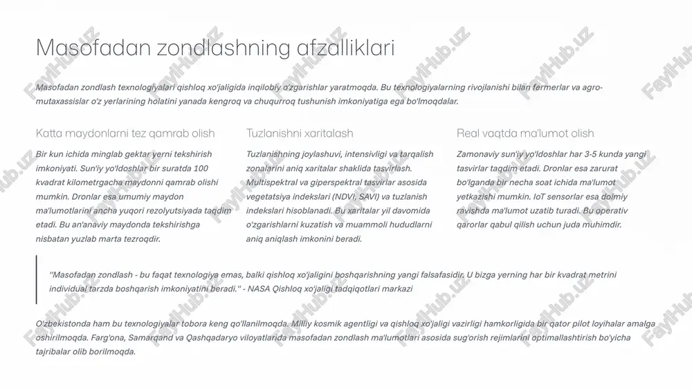 aqamli transformatsiya qishloq xo'jaligida to'rtinchi sanoat inqilobi (industry 4.0) konsepsiyasi tobora keng qo'llanilmoqda. internet of things (iot), sun'iy intellekt (ai), mashinali o'rganish (machine learning) va bulutli texnologiyalar suv-tuz rejimini monitoring qilishni tubdan o'zgartirmoqda. iot sensorlar tarmog'i dalada o'rnatiladigan avtomatik sensorlar tuproq namligi, harorati, elektrokonduktivligi va boshqa parametrlarni doimiy ravishda o'lchaydi. simsiz aloqa orqali ma'lumotlar markaziy serverga yuboriladi. bir gektar maydon uchun odatda 3-5 ta sensor o'rnatiladi. zamonaviy sensorlarning batareya muddati 2-3 yilgacha davom etadi. bulutli ma'lumotlar bazasi barcha monitoring ma'lumotlari bulutli serverda saqlanadi va istalgan joydan, istalgan vaqtda kirish mumkin. big data texnologiyalari yordamida katta hajmdagi ma'lumotlar samarali qayta ishlanadi. amazon aws, microsoft azure kabi platformalar o'zbekistonda ham faol qo'llanilmoqda. ma'lumotlar xavfsizligi va zaxira nusxalari avtomatik ta'minlanadi. sun'iy intellekt va prognozlash mashinali o'rganish algoritmlari tarixiy ma'lumotlar asosida tuzlanish dinamikasini prognoz qiladi. ai tizimlari optimal sug'orish rejimini, o'g'itlash muddatlarini va ekin tanlovini tavsiya etadi. neyron tarmoqlar naqshlarni aniqlaydi va anomaliyalar haqida …