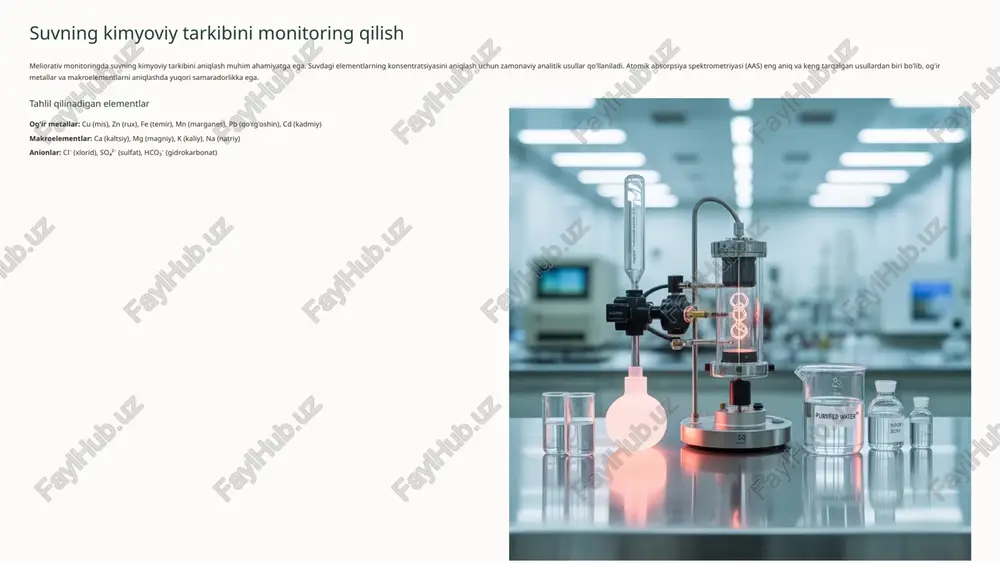 — iot, sun'iy intellekt, masofaviy zondlash — monitoring jarayonini yanada samaraliroq va aniqroq qiladi. zamonaviy texnologiyalarni joriy etish iot sensorlar, sun'iy yo'ldoshlar va ai tizimlarini keng ko'lamda qo'llash monitoring aniqligini oshiradi ilmiy tadqiqotlarni kuchaytirish mahalliy sharoitlarga moslashtirilgan yangi meliorativ usullarni ishlab chiqish zarur ma'lumotga asoslangan qarorlar monitoring natijalariga tayangan holda sug'orish va melioratsiya rejalarini tuzish doimiy monitoring tizimini barpo etish hududiy va milliy darajada yagona monitoring tarmog'ini yaratish, ma'lumotlar bazasini shakllantirish va mutaxassislarni tayyorlash. qonunchilik bazasini takomillashtirish meliorativ monitoring bo'yicha me'yoriy-huquqiy hujjatlarni yangilash va suv resurslaridan foydalanish tartibini qat'iy nazorat qilish mexanizmlarini joriy etish. xalqaro hamkorlikni rivojlantirish ilg'or xorijiy tajribalarni o'rganish, qo'shma loyihalar amalga oshirish va texnologiya transferini kuchaytirish. "suv — hayot manbai. uni tejash va to'g'ri boshqarish kelajak avlodlar uchun mas'uliyatimizdir. meliorativ monitoring bu mas'uliyatni samarali bajarishning ilmiy asosi." foydalanilgan adabiyotlar o'zbekiston respublikasi qishloq xo'jaligi hududlarida meliorativ monitoring ilmiy-tadqiqot institutlari tomonidan olib borilgan tadqiqotlar va amaliy tajribalar to'plami. toshkent, …