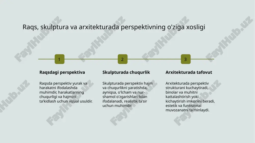 ida vizual perspektivlarning tarixi va rivojlanishi madaniy rivojlanish san'at yuksalishi zamonaviy ta'sirlar o'zbekiston madaniyatida vizual perspektivlar tarixan diniy, madaniy va san'at merosiga asoslangan bo'lib, ularga o'ziga xos uslublar va texnikalar shakllangan. o'zbekistonda qadimiy san'at asarlarida chuqurlik va hajmni yaratish uchun perspektiv texnikalari rivojlangan, bu esa asarlarning estetik va ma'naviy qiymatini oshirgan. global san'at va dizayn tendensiyalari bilan bog'liq holda, o'zbekiston madaniyatida vizual perspektivlar yangi yondashuvlar va texnologiyalar bilan kengaymoqda. milliy san'at va dizaynda perspektiv texnikalarining o'rni 1 an'anaviy uslublar o'zbekiston san'atida perspektiv texnikalari asosan traditsion uslublarga asoslangan bo'lib, ularning rivojlanishi milliy madaniyat va estetik qadriyatlar bilan chambarchas bog'liq. 2 ijodiy innovatsiyalar zamonaviy dizaynda o'zbek san'atida perspektiv texnikalari innovatsion yondashuvlar bilan rivojlanmoqda, bu esa yangi vizual ifoda shakllarini yaratishga imkon beradi. 3 madaniy ramzlar perspektiv texnikalari milliy san'atda madaniy ramzlar va an'anaviy motivlarni ta'kidlashda muhim rol o'ynaydi, ularni milliy identitet va estetikani ifodalash uchun ishlatiladi. o'zbekiston arxitekturasida vizual tashkilot va uning …