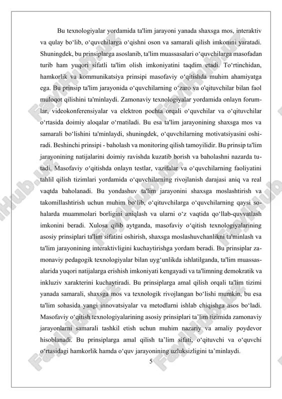 ta’lim texnologiyalarining asosiy prinsiplari qatorida individual yondashuv ham alohida o‘rin tutadi. har bir o‘quvchining bilim darajasi, qiziqishi va o‘rganish sur’ati boshqacha bo‘lgani uchun masofaviy o‘qitish platformalari ularga moslashishi kerak. bu jarayonda shaxsiylashtirilgan topshiriqlar, differensial baholash usullari va qo‘shimcha resurslardan foydalanish samaradorlikni oshiradi. axborotga erkin kirish prinsipi ham masofaviy ta’limning asosiy talablardan biridir. o‘quvchilar dars materiallari, qo‘shimcha adabiyotlar, multimedia resurslari va interaktiv platformalardan foydalanish imkoniyatiga ega bo‘lishi kerak. bu bilimlarni mustaqil chuqurlashtirish va yangicha fikrlashni rivojlantiradi. texnik ta’minot va barqarorlik prinsipi ham e’tibordan chetda qolmasligi lozim. masofaviy o‘qitish samarali bo‘lishi uchun internet tezligi, dasturiy ta’minot va texnik vositalar barqaror ishlashi shart. bu prinsip ta’lim jarayonini to‘xtalishlarsiz davom ettirish imkonini beradi. 1.2 modulli oʻquv materiallarining ishlab chiqilishi va qoʻllanilishi modulli oʻquv materiallarining ishlab chiqilishi va qoʻllanilishi oʻqitish jarayonining samaradorligini oshirishda muhim ahamiyatga ega bo‘lib, ularning muvaffaqiyatli amalga oshirilishi uchun keng qamrovli va aniq ishlab chiqilgan kontent talab etiladi. modulli oʻquv materiallar — …