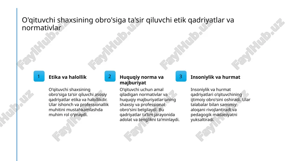 bilan birga, shaxsiy va kasbiy odob-axloqni ham ta’minlaydi. 3 amaliy misollar pedagogik etik meyorlar, o'qituvchilarning talabalar bilan muloqoti, baholash va muhitni qo'llab-quvvatlashda amaliy tarzda qo'llaniladi, hamda natijalarni yaxshilaydi. o'qituvchi shaxsining obroʼsini belgilovchi asosiy qadriyatlar va etika meyorlari 1 vazifa va mas'uliyat o'qituvchining obroʼsi uning vazifa va mas'uliyatini anglash bilan bogʻliq. etik qadriyatlar va meyorlar bu vazifalarni hal qilishda muhim rol oʻynaydi. 2 iymon va halollik o'qituvchi uchun iymon va halollik asosiy qadriyatlar bo'lib, ular ishonch va hurmatni mustahkamlaydi. bu sifatlar pedagogik muloqotni mustahkamlashga yordam beradi. 3 haqiqiylik va adolat obroʼni ta'minlash uchun o'qituvchi adolatli, haqiqatga mos va shaxsiy qiyofasidan voz kechadigan bo'lishi zarur. bu meyorlar jamiyat oldida shaxsiy obro'ni oshiradi. pedagogik standartlar va ularning obroʼni shakllantirishdagi roli standartlarning asosiy ta’siri yaxshi amaliyotlar madaniyat va qadriyatlar pedagogik standartlar o'qituvchining professional faoliyatini belgilaydi. ular orqali obroʼ, ishonch va hurmat mustahkamlanadi, ta’lim sifatini oshiradi. standartlar amaliy pedagogik faoliyat uchun mezonlar yaratadi. bu o'qituvchiga …