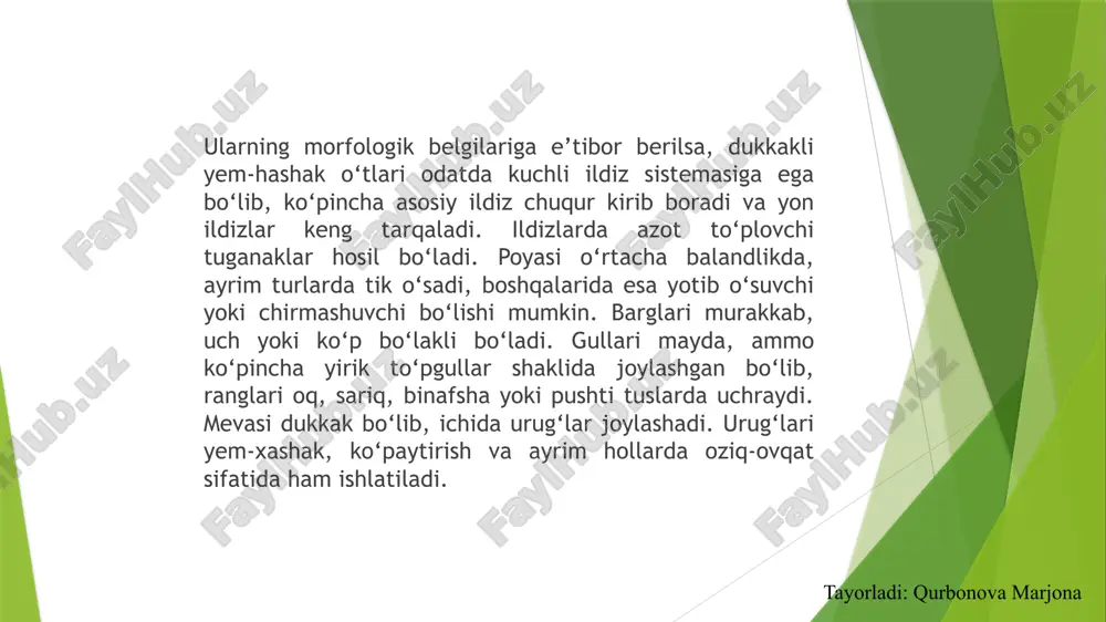 amiyatga ega. mevasi dukkak bo‘lib, ko‘payishda asosiy vosita hisoblanadi. foydalanilgan adabiyotlar xo‘jayev t. o‘simlikshunoslik asoslari. – toshkent: o‘qituvchi, 2010. raximov m., allayorov s. yem-xashak ekinlari va ularni yetishtirish texnologiyasi. – toshkent: mehnat, 2015. rasulov a. qishloq xo‘jaligi ekinlari morfologiyasi va biologiyasi. – toshkent: fan va texnologiya, 2012. to‘xtayev sh., bobojonov i. oziqabop ekinlar va ularning agrotexnikasi. – samarqand: zarafshon, 2018. image1.jpeg image2.jpeg image3.jpeg image4.jpeg