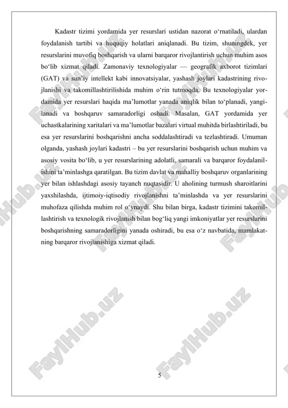 amaliy qo’llanilishi nafaqat yer resurslarini boshqarish, balki yer bilan bog’liq iqtisodiy va ijtimoiy masalalarni hal qilishda ham katta ahamiyatga ega. yer resurslarining aniq hisobga olinishiga asoslangan holda, davlat va mahalliy organlar soliq siyosatini ishlab chiqadi, yer mulkini huquqiy jihatdan himoya qiladi va soliqlarni to’lash tartibini tartibga soladi. bu esa, davlat darajasida byudjet mablag’larini shakllantirish va iqtisodiy rivojlanishni ta’minlashda muhim rol o’ynaydi. yashash joylari kadastri, ayniqsa, shahar va qishloqlarda infratuzilma rivojlanishi uchun muhim asos bo’lib xizmat qiladi, chunki u yer resurslarining optimal taqsimlanishi va foydalanilishini ta’minlaydi. bundan tashqari, amaliy qo’llanilish natijasida yer resurslarining muhofazasi va ekologik xavfsizligi ham ta’minlanadi. kadastr ma’lumotlari yordamida yerning yoki yer qoplamining holati va o’zgarishlari nazorat qilinadi. bu esa, ekologik muammolarni oldindan ko’rish va atrof-muhitni muhofaza qilish uchun muhimdir. misol uchun, erdan noqonuniy foydalanish, yer suvlari va tuproqning ifloslanishi kabi muammolarni oldini olishda kadastr tizimining roli katta bo’ladi. xulosa qilib aytganda, kadastr tizimining amaliy qo’llanilishi yer resurslarini …