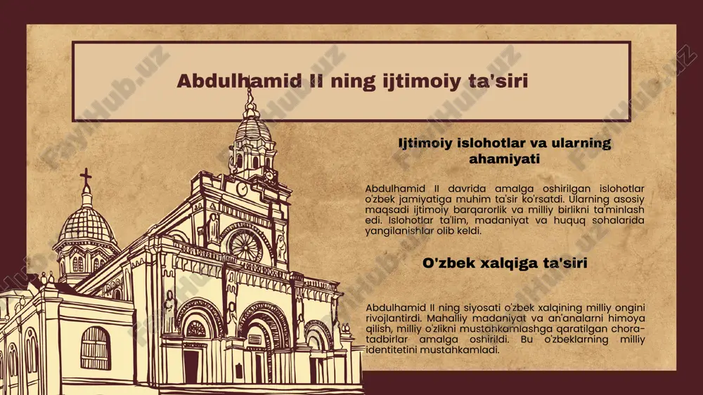 nazardan o'rganilishi muhim. bu darslar kelajak uchun saboqlar va o'rganilgan darslarni anglashga yordam beradi. tarixiy va zamonaviy nuqtai nazardan abdulhamid ii davrini tahlil qilish, uning siyosiy va ijtimoiy jarayonlardagi o'rnini tushunishga imkon beradi. bu, shuningdek, tarixiy meros va zamonaviy jamiyatlar uchun muhim bo'lgan saboqlarni o'rganish imkoniyatini yaratadi. kelajak uchun bu darslar muhim ahamiyatga ega. foydalanilgan adabiyotlar 1. qodirov, sh. (2019). o‘zbekiston tarixida abdulhamid ii ning roli. o‘zbekiston tarixi davriya, 5(89), 45-60. 2. islomov, a. (2020). osmanli imperiyasining so‘nggi davrida abdulhamid ii ning siyosati. tarixiy fikrlar, 12(3), 102-118. 3. karimov, d. (2018). abdulhamid ii ning ta'lim va madaniyat sohasiga qo‘shgan hissasi. madaniyat va tarix, 7(2), 77-92. 4. tashkent universiteti tarix fakulteti. (2021). abdulhamid ii va uning zamonaviy ta'siri. o‘zbekiston tarixi oquv qo‘llanmasi, toshkent: universitet nashriyoti. 5. sultonov, m. (2017). osmanli sultonining siyosiy va ijtimoiy islohotlari. mahalliy tarix va siyosat, 4(1), 33-48. e'tiboringiz uchun rahmat! image1.jpeg image2.png image3.png image4.png image5.png image6.png image7.png …