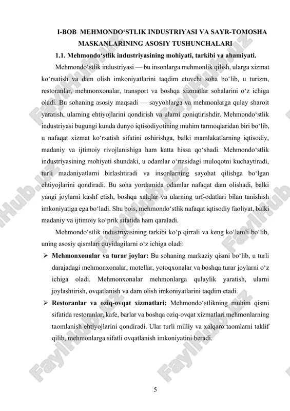 olish zonalari faoliyat yuritadi. bu xizmatlar mehmonlarga turli madaniy va sport tadbirlarida ishtirok etish imkoniyatini yaratadi. mehmondo‘stlik industriyasining ahamiyati juda katta. avvalo, u iqtisodiy rivojlanishga katta hissa qo‘shadi. ko‘plab mamlakatlar uchun turizm va mehmondo‘stlik daromad manbai hisoblanadi. bu soha orqali minglab odamlar ish bilan ta’minlanadi, shu jumladan mehmonxonalar, restoranlar, transport va sayyohlik xizmatlari sohalarida faoliyat yurituvchi xodimlar. shuningdek, mehmondo‘stlik eksport salohiyatini oshiradi, ya’ni xizmat ko‘rsatish orqali mamlakatga valyuta tushadi. ikkinchidan, mehmondo‘stlik ijtimoiy va madaniy rivojlanishni ta’minlaydi. turizm orqali odamlar bir-birining madaniyatini o‘rganadi, bu esa xalqaro hamkorlik va tinchlikni mustahkamlashga yordam beradi. shuningdek, bu soha mahalliy an’analar, hunarmandchilik va madaniy merosni saqlab qolish va rivojlantirishda muhim rol o‘ynaydi. uchinchidan, mehmondo‘stlik sanoati hududlarni rivojlantirishga xizmat qiladi. turizm markazlari va dam olish zonalarining rivojlanishi bilan infratuzilma yaxshilanadi, yangi yo‘llar, aeroportlar, kommunikatsiyalar barpo etiladi. bu esa nafaqat turistlarga, balki mahalliy aholiga ham qulayliklar yaratadi. to‘rtinchidan, mehmondo‘stlik sog‘liqni saqlash va dam olishni rivojlantirishga yordam beradi. …