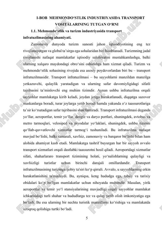 bo‘ladi. bu esa ularning bir nechta turistik manzillarni ko‘rishiga va mamlakatda uzoqroq qolishiga turtki bo‘ladi. yana bir muhim jihat – transport infratuzilmasi turistik maskanlarning rivojlanishiga turtki beradi. agar biror hududga borish oson bo‘lsa, u joyda turizm rivojlanadi, yangi mehmonxonalar, restoranlar, savdo markazlari ochiladi, yangi ish o‘rinlari yaratiladi. bu esa o‘z navbatida mahalliy iqtisodiyotga sezilarli daromad olib keladi. shu tariqa transport infratuzilmasi turizm orqali butun mintaqaning iqtisodiy taraqqiyotiga xizmat qiladi. transport infratuzilmasi zamonaviy texnologiyalar bilan boyitilsa, uning samaradorligi yanada oshadi. raqamli xaritalar, mobil ilovalar orqali avtobuslar va taksilarni chaqirish, chiptalarni onlayn xarid qilish, transport vositalari harakatining aniqligi sayyohlarning qulayligi va xavfsizligi uchun muhim ahamiyat kasb etadi. bunday qulayliklar zamonaviy sayyoh uchun eng zaruriy talabdir. chunki bugungi kun turisti ko‘proq mustaqil safar qilishni afzal ko‘radi va har qanday transport vositasi oson va tushunarli bo‘lishini istaydi. mehmondoʻstlik sohasi uchun ham transport tizimi beqiyos ahamiyatga ega. mehmonxonalar, dam olish maskanlari va boshqa turizm obyektlariga …