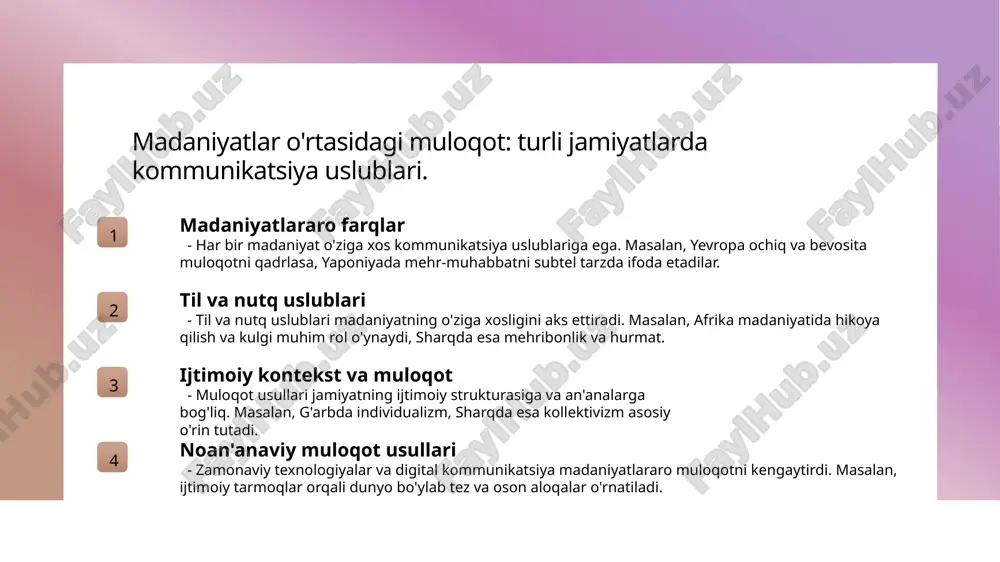 akatlar, mimika va intonatsiya kabi noverbal signallar, so‘zlarsiz ham his-tuyg‘ularni etkazishda va munosabatlarni chuqurlashtirishda muhim ahamiyatga ega. 04 raqamli texnologiyalar internet va mobil ilovalar orqali muloqot, shaxslararo aloqalarni kengaytirib, zamonaviy jamiyatda tez va qulay kommunikatsiya imkonini yaratadi. axborot va tushunishga asoslangan muloqotning ijtimoiy va shaxslararo kuchayishi. 1 ma'lumot va tushunishning roli axborot va tushunishga asoslangan muloqot, shaxslar o'rtasida aniq va samarali aloqani ta'minlab, ijtimoiy hamda shaxslararo bog'lanishlarni kuchaytiradi. 2 kommunikatsiya kuchaytiruvchi omil to‘g‘ri axborot va tushunish, shaxslararo munosabatlarda ishonch va hamkorlikni oshiradi, bu esa ijtimoiy integratsiya va muvofiqlikni rivojlantiradi. 3 tarjimali va ijtimoiy rivojlanish axborotni to‘g‘ri yetkazish va anglash, madaniyatlar o‘rtasida tushunishni mustahkamlab, zamonaviy jamiyatlarning rivojlanishida muhim o‘rin tutadi. madaniyat va ijtimoiy kontekstda muloqotni ifodalaydigan asosiy unsurlar 1 madaniy unsurlar muloqotni ifodalashda madaniyatning asosiy unsurlari til, odatlar, qadriyatlar va kommunikatsiya uslublaridir. bu elementlar ijtimoiy kontekstda muloqotni shakllantiradi. 2 ijtimoiy rol va qadriyatlar ijtimoiy rollar va qadriyatlar muloqotni boshqaradi, shaxslar o'rtasida …