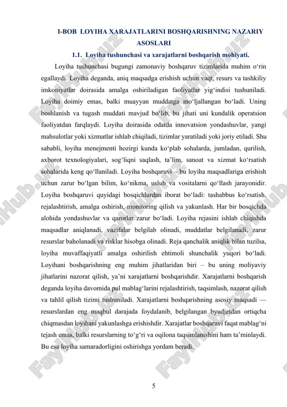 urslar noto‘g‘ri baholangan bo‘lsa yoki ortiqcha xarajatlar nazorat qilinmasa, bu loyiha kechikishiga, qo‘shimcha moliyaviy yuklamalarga va hatto to‘xtab qolishiga olib keladi. xarajatlarni boshqarishda loyiha byudjeti tuziladi, unda har bir xarajat turi alohida ko‘rsatiladi. byudjet asosida xarajatlar jadvali tuziladi va har bir bosqichda amalga oshirilgan xarajatlar doimiy ravishda monitoring qilinadi. monitoring natijalari asosida tahlillar olib boriladi va kerak bo‘lsa, xarajatlar qayta ko‘rib chiqiladi. bu jarayonlar moliyaviy intizomni ta’minlaydi, kutilmagan muammolar oldini oladi va boshqaruvchilarga o‘z vaqtida qarorlar qabul qilish imkonini beradi. loyihaning har bir bosqichi xarajatlar jihatidan farqlanadi. masalan, rejalashtirish bosqichida xarajatlar kam bo‘lsa-da, resurslar to‘g‘ri baholanmasa, keyingi bosqichlarda bu katta muammolarga olib kelishi mumkin. amalga oshirish bosqichida esa xarajatlar eng yuqori darajaga yetadi, chunki aynan shu bosqichda ishchilar jalb qilinadi, uskunalar harid qilinadi, xizmatlar ko‘rsatiladi. monitoring bosqichida esa xarajatlar ko‘proq nazorat tizimiga yo‘naltiriladi. yakuniy bosqichda esa yakuniy hisobotlar tuzish, natijalarni baholash va loyiha hujjatlarini arxivlash xarajatlari yuzaga keladi. xarajatlarni boshqarishda …