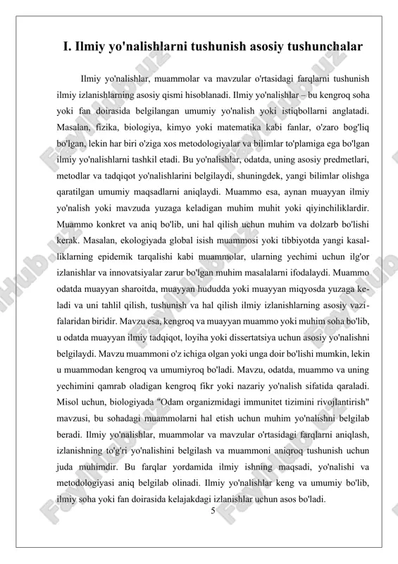 alan, genetik muhandislik yoki sun’iy intellekt kabi sohalardagi yutuqlar inson hayotini tubdan o‘zgartirmoqda. ilmiy yo‘nalishlar doimiy ravishda rivojlanib boradi. har bir yangi kashfiyot yangi savollar tug‘diradi va bu jarayon cheksizdir. shu bilan birga, ilmiy tadqiqotlarda axloqiy masalalar ham muhim o‘rin tutadi. masalan, genetik manipulyatsiyalar yoki sun’iy intellektni ishlatishda inson huquqlari va xavfsizlik masalalariga e’tibor berish zarur. ii. muammolar va mavzular o'rtasidagi farqlarni aniqlash ilmiy sohada muammo va mavzular o‘rtasidagi farqlarni tushunish juda muhim bo‘lib, ular izlanishlarning muvaffaqiyati va aniq yo‘nalishini belgilashda asosiy rol o‘ynaydi. bu farqlarni to‘g‘ri anglash uchun avvalo ularning har birining mohiyatini va funksiyasini aniqlash lozim. ilmiy yo‘nalishlar keng va umumiy sohalardir. ular ilm-fan yoki texnologiyalar doirasida turli yo‘nalishlarni ifodalaydi, masalan, fizika, biologiya, kimyo yoki matematika. bu yo‘nalishlar odatda keng qamrovli bo‘lib, ular biror umumiy bilimlar to‘plamini, metodologiyalarni va tadqiqot yo‘nalishlarini o‘z ichiga oladi. masalan, biologiya yo‘nalishi, uning ichida genetika, ekologiya yoki botanikani o‘z ichiga oladi. bu yo‘nalishlar …