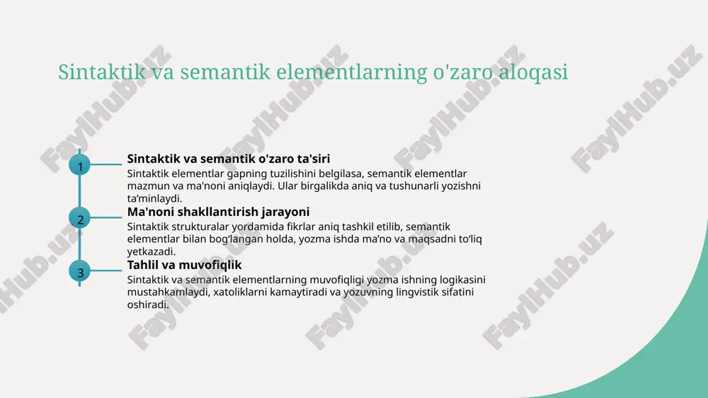 tahlil texnikalari 01 madaniyat va til aloqasi madaniyat va til o'rtasidagi bog'liqlikni tahlil qilishda, nutqi va yozuvdagi madaniy elementlarning o'zaro ta'siri muhim. bu nuanslar yozma ishlarga chuqur mazmun qo'shadi. 02 nuanslarni aniqlash usullari tilshunoslar madaniyatga oid terminlar, idiomalar va so'z birikmalarini tahlil qilib, madaniyat va til nuanslarini aniqlash uchun aniq texnikalar qo'llashadi. bu yozma ishni boyitadi. 03 kontekstga e'tibor yozma ishda madaniy kontekstni hisobga olish uchun, yozuvda ishlatilgan so'zlar va iboralar madaniyatga mosligini, shuningdek, ularning ma'nosini to'g'ri tushunishni ta'minlash muhim. akademik yozuvda lingvistik xususiyatlarni rivojlantirish uchun uslublar aniq va tushunarli til akademik yozuvda tilni aniq va tushunarli qilish uchun murakkab iboralar va noaniqlikdan qochish, aniq ma’no va mantiqiy strukturaga e'tibor berish muhim. sintaktik moslik yozuvda sintaktik elementlarning to'g'ri va lo‘nda tuzilishi, fikrlarning ravon va mantiqiy ketma-ketligini ta’minlash, axborotni samarali yetkazishga yordam beradi. formal uslub va an’ana akademik yozuvda formal uslubni saqlash, mustahkam va rasmiy tilni qo‘llash, shuningdek, madaniy va ilmiy …